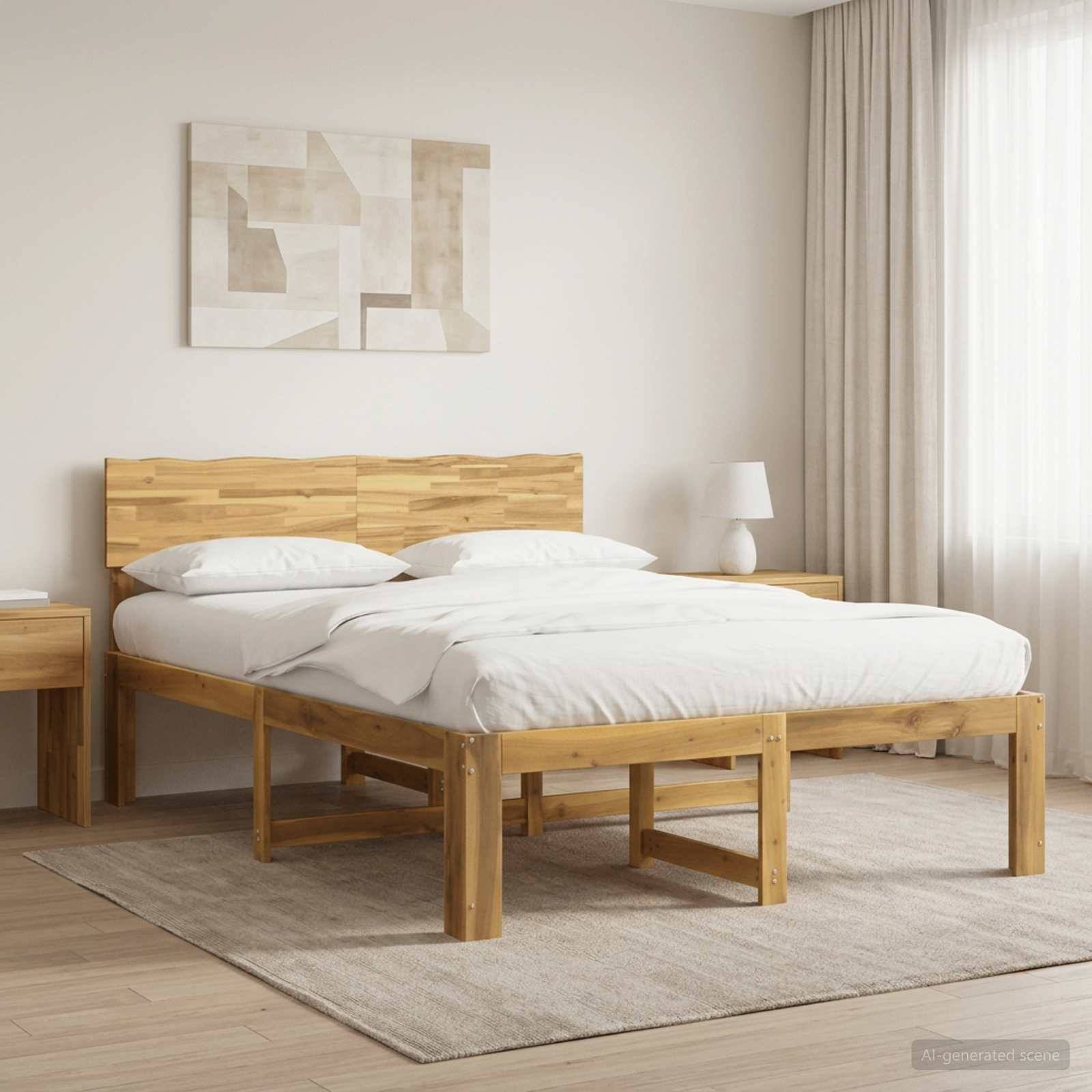 Minimales Schlafzimmer mit einem Holz-Doppelbett, bezogen mit weißer Bettwäsche, flankiert von Nachttischen, neben einem Fenster mit Vorhängen und weichem Naturlicht.