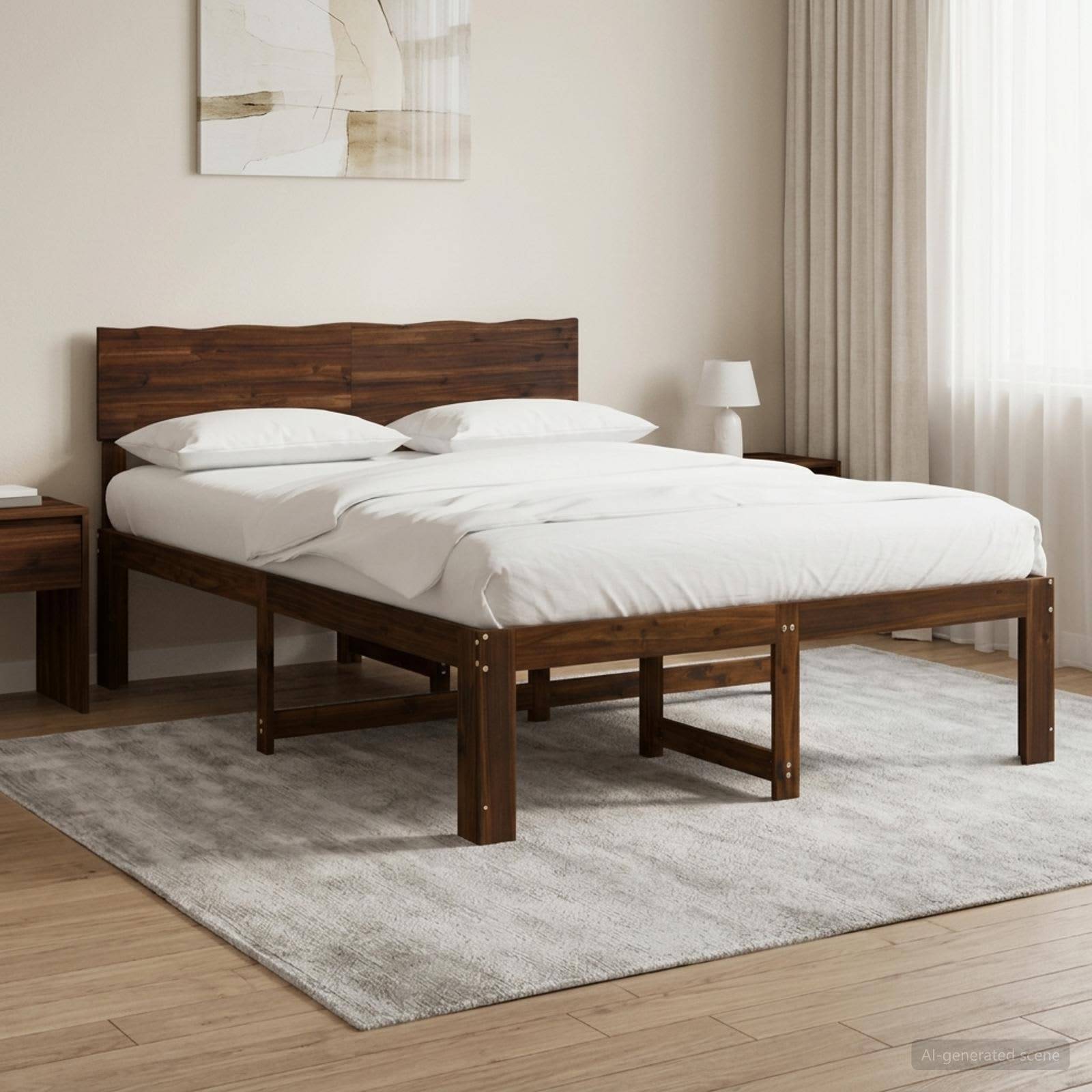 Ein ordentlich gemachtes Holzbett mit weißer Bettwäsche und zwei Kissen steht auf einem hellgrauen Teppich in einem hellen, minimalistischen Schlafzimmer.