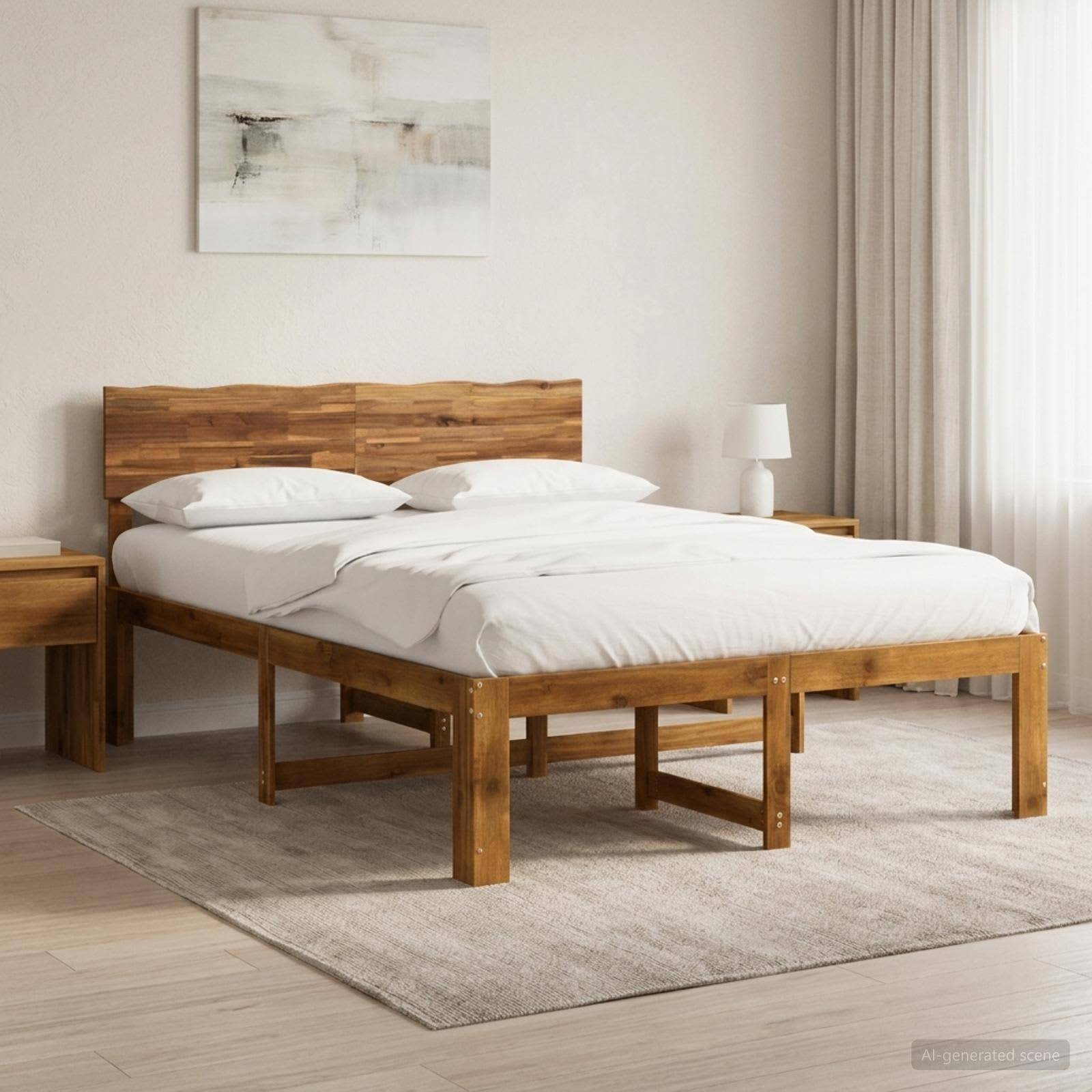 Ein ordentlich gemachtes Holzbett mit weißer Bettwäsche in einem hellen, minimalistischen Schlafzimmer neben einem Nachttisch, einer Lampe, einem Teppich und Vorhängen.