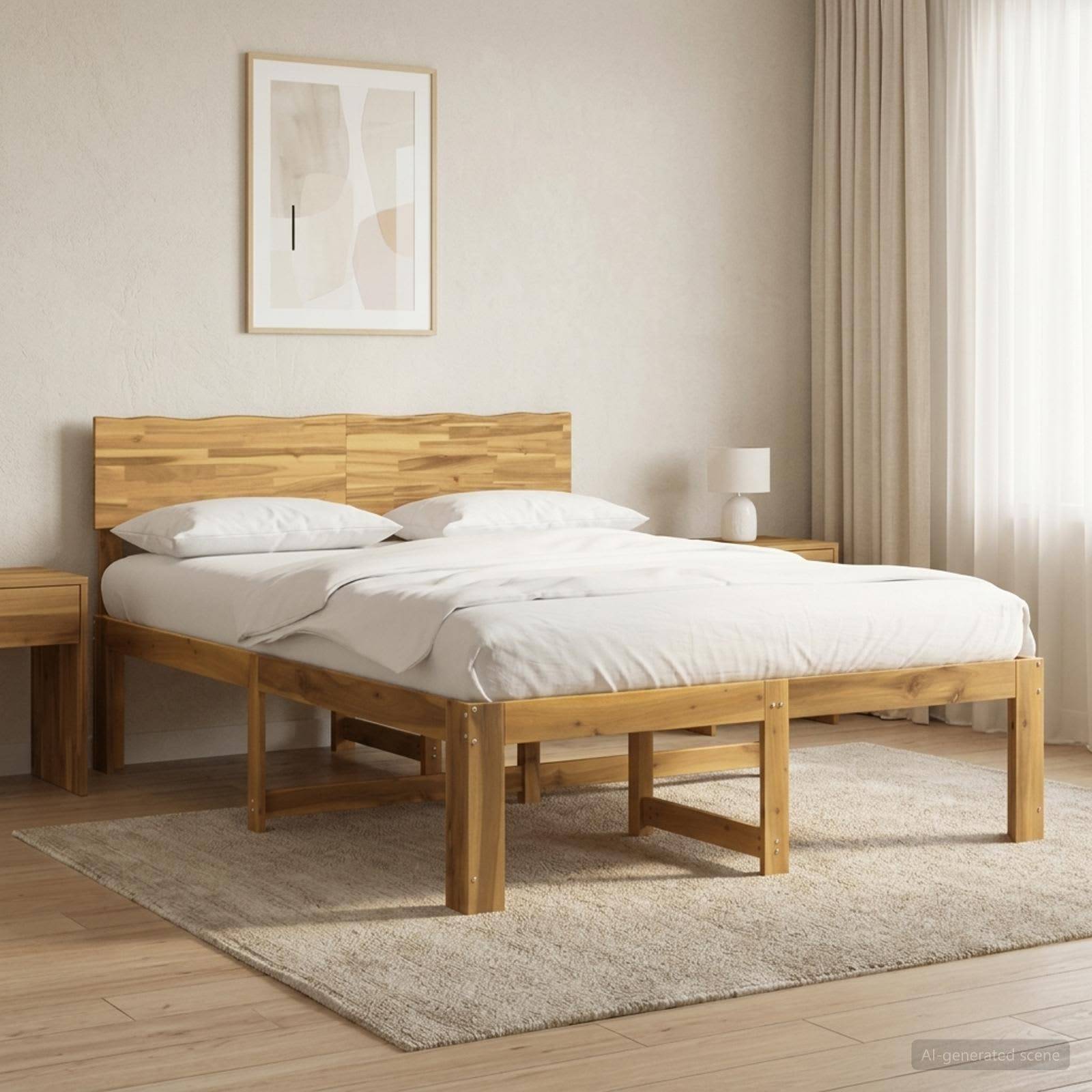 Minimalistisches Schlafzimmer mit einem Holzbett, weißer Bettwäsche, Nachttischen, gerahmten Wandbildern und beigen Vorhängen auf einem Teppich.