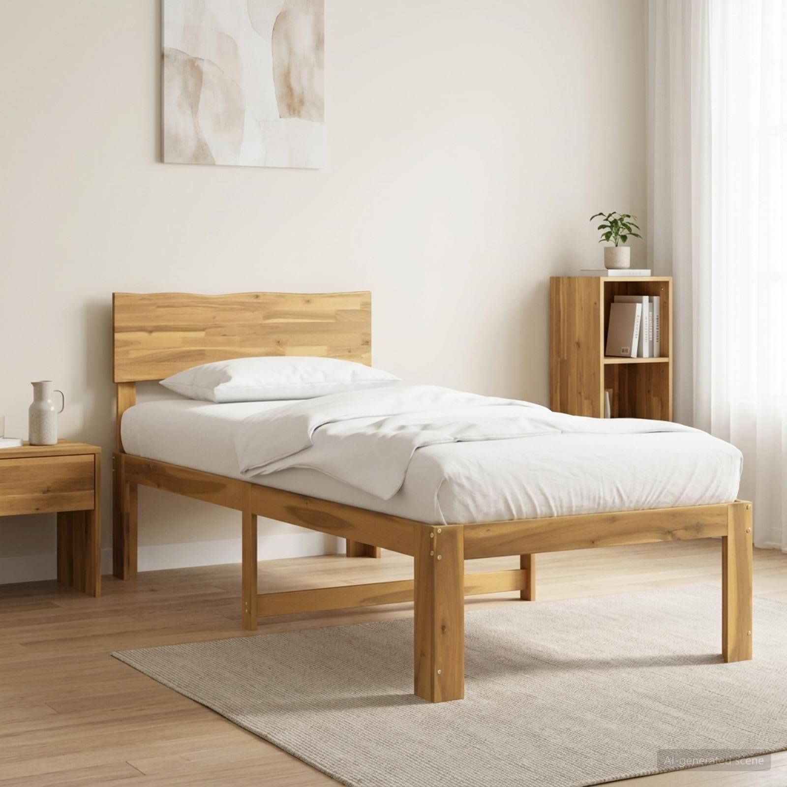Minimalistisches Schlafzimmer mit einem Holzbett, das mit weißer Bettwäsche bezogen ist, neben einem kleinen Nachttisch und einem Bücherregal in der Nähe eines hellen Fensters.