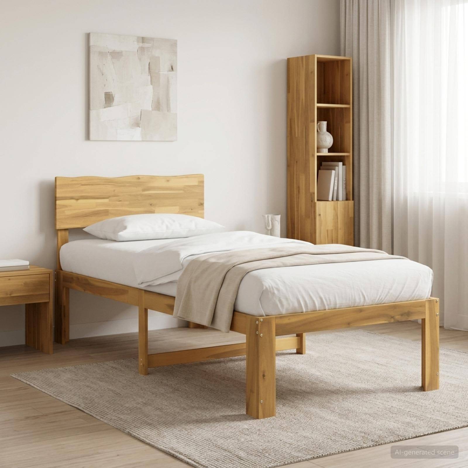 Minimales Schlafzimmer mit einem Holzbett, weißer Bettwäsche, Nachttisch, hohem Regal und großem Fenster mit Vorhängen.