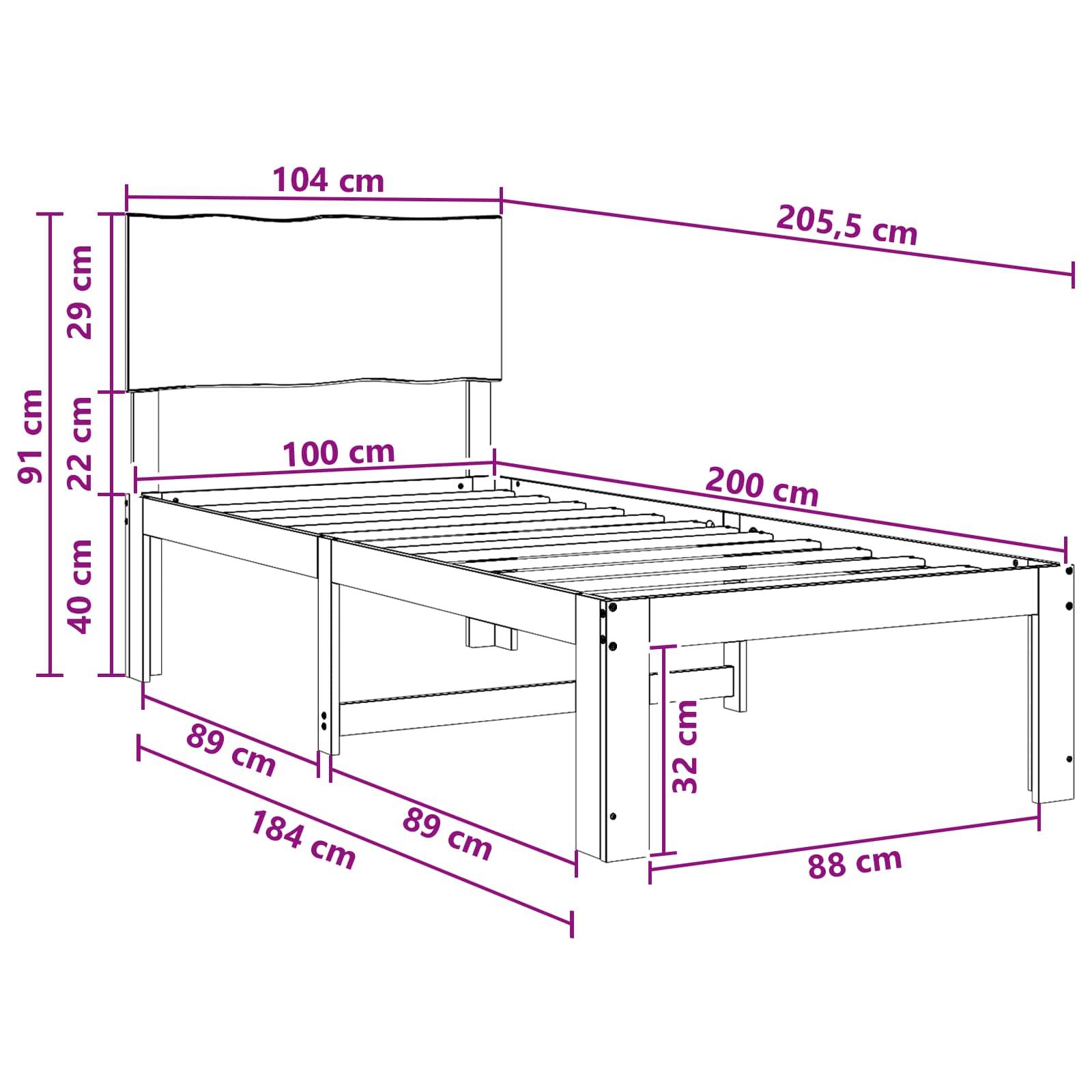 Maßstabgetreue Linienzeichnung eines Bettes mit Kopfteil, das die Gesamtabmessungen von 205,5 cm Länge, 104 cm Breite, 91 cm Höhe und Liegefläche 100 x 200 cm zeigt.