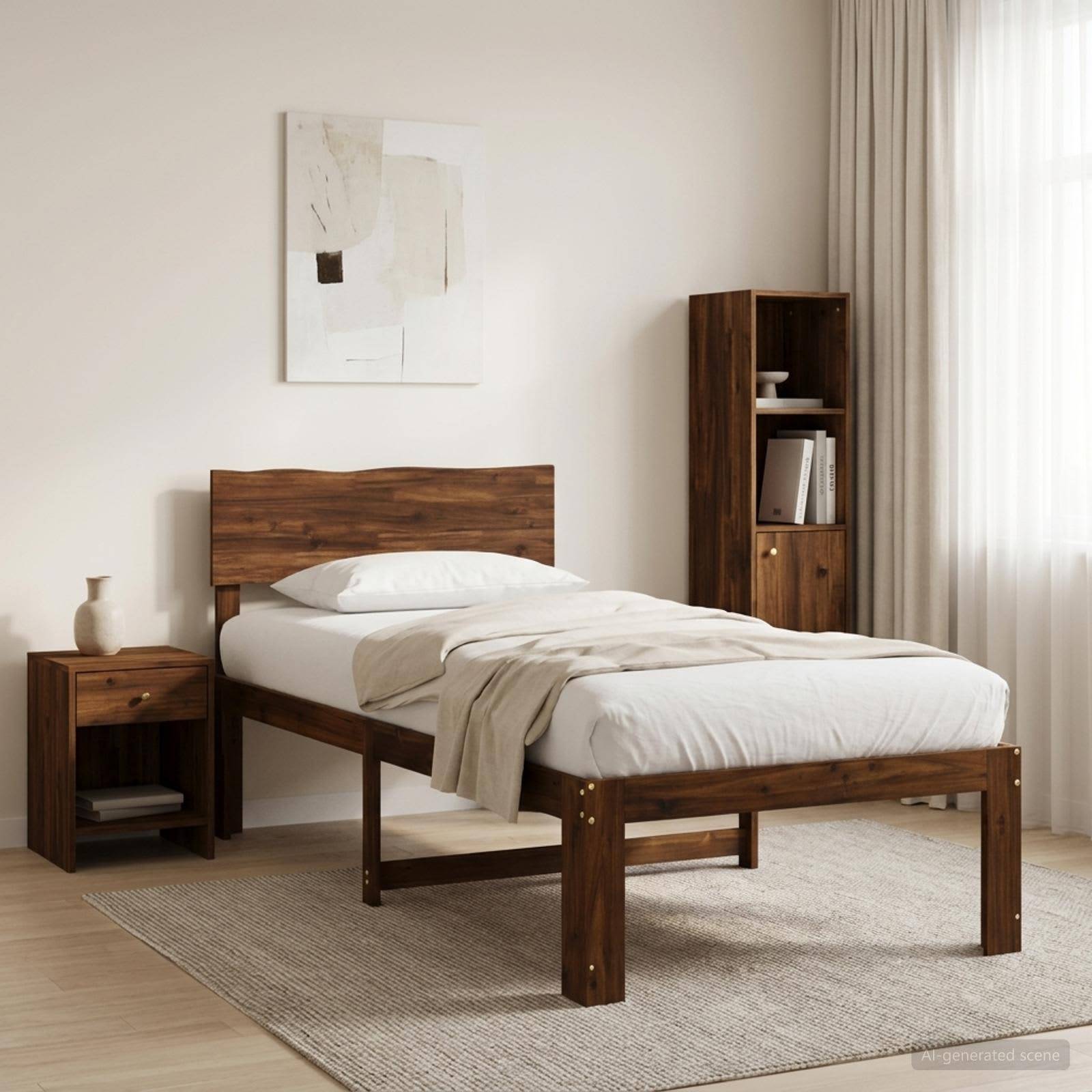 Minimalistisches Schlafzimmer mit einem Holzbett, weißer Bettwäsche, Nachttisch, Regaleinheit, abstrakter Wandkunst und natürlichem Licht durch Vorhänge.