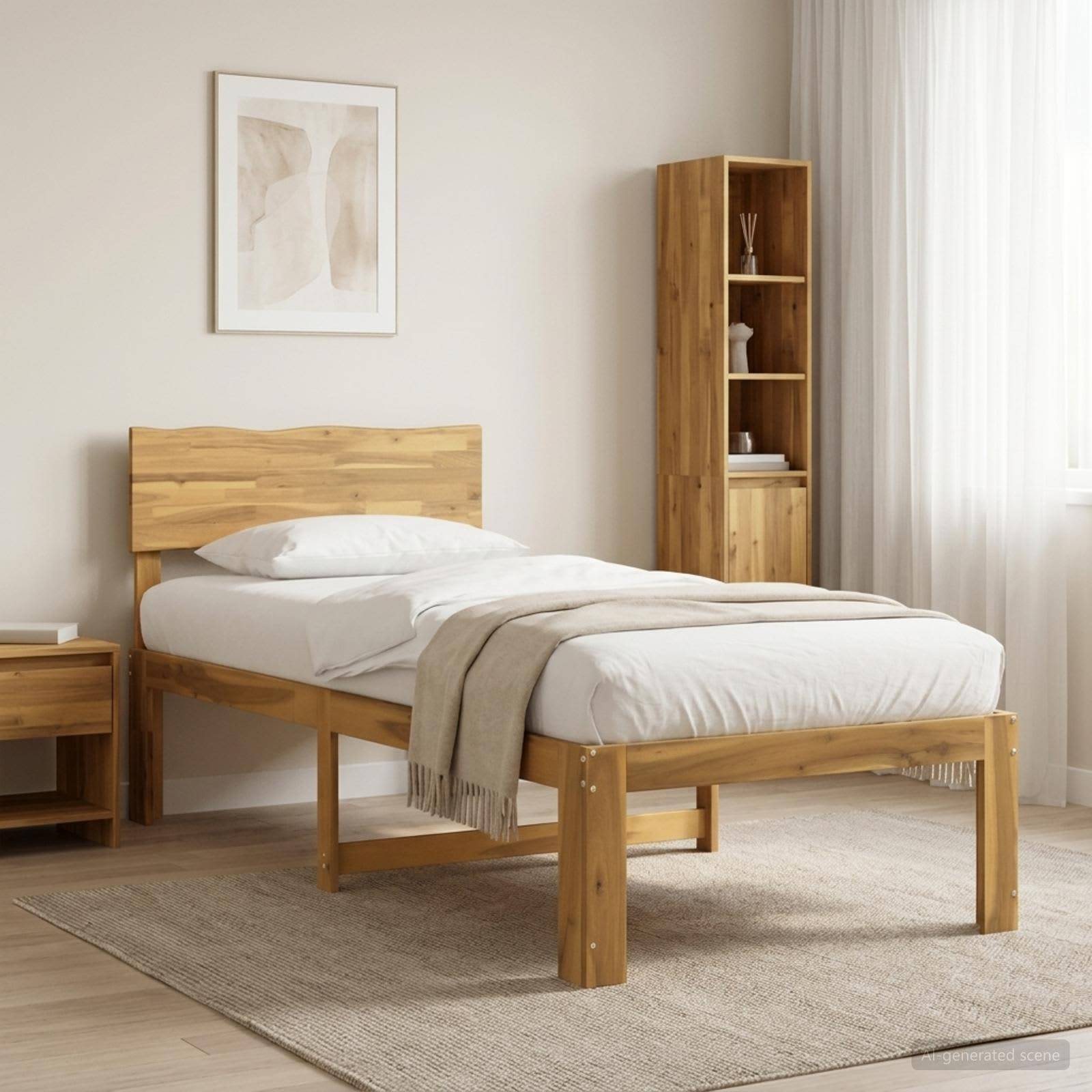 Minimales Schlafzimmer mit einem Holzbett, weißer Bettwäsche, beigem Überwurf, Nachttisch, Regalkabinett, gerahmter Wandkunst und einem hellen Teppich neben einem großen Fenster.