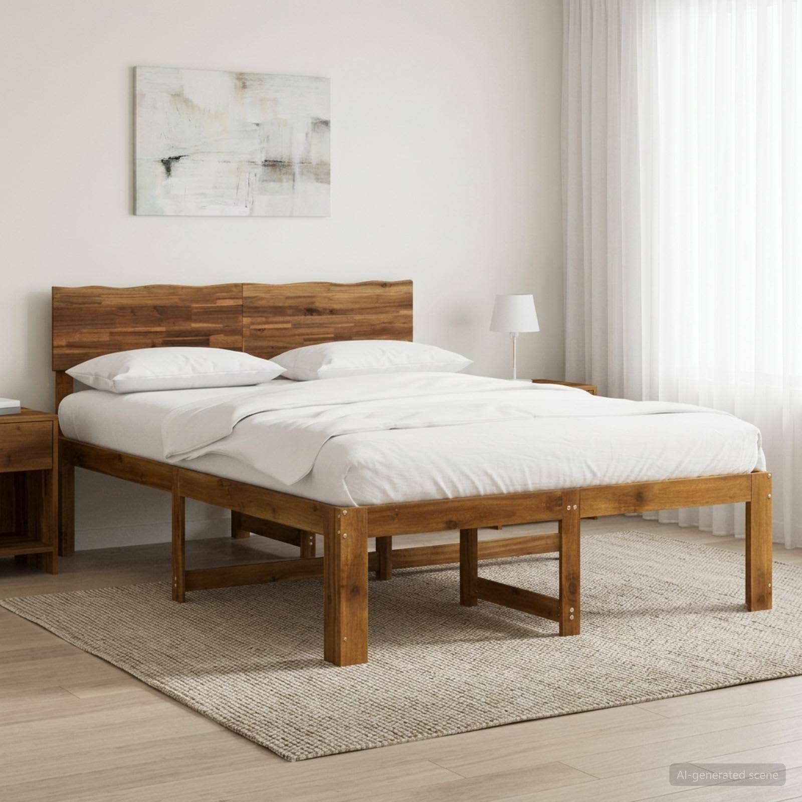 Minimales Schlafzimmer mit einem Holzbett, weißer Bettwäsche, Nachttischen, abstrakter Wandkunst und durchsichtigen Vorhängen über einem hellen Teppich.