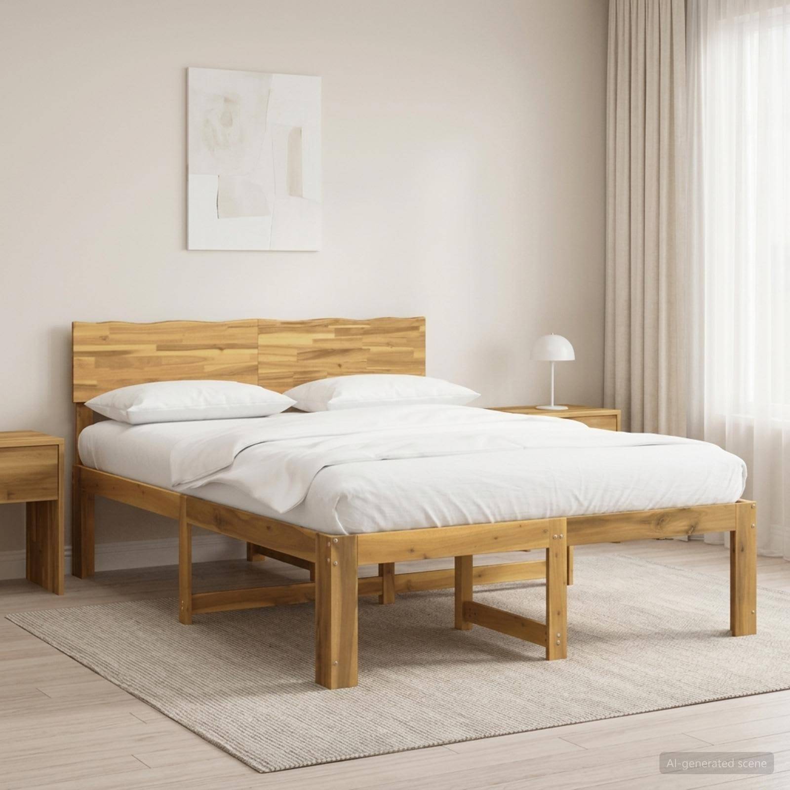 Minimales Schlafzimmer mit einem Holzbettgestell, weißer Bettwäsche, Nachttischen, Lampe und leichten Vorhängen in einem hellen, neutral eingerichteten Raum.