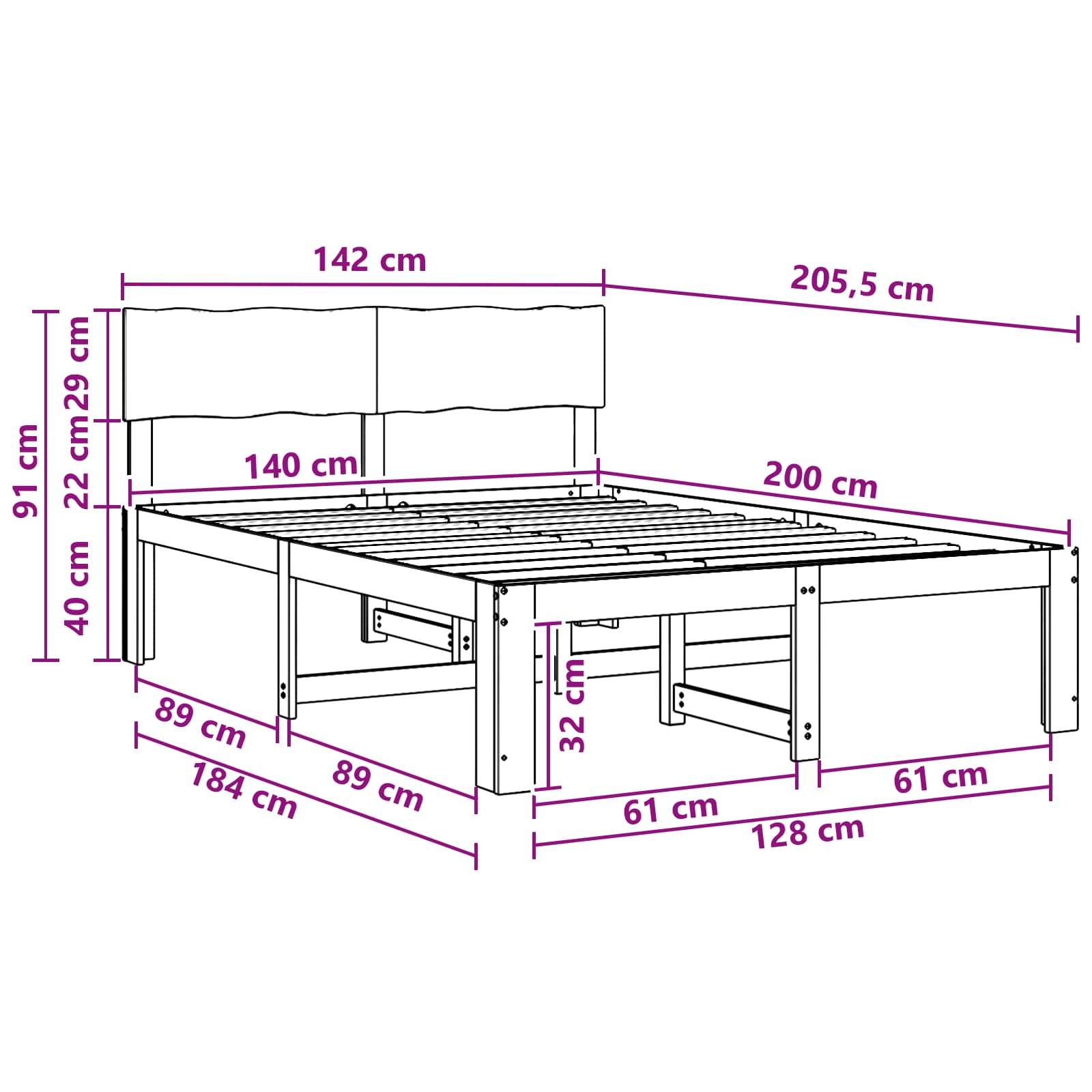 Maßstabgerechte Linienzeichnung eines Bettgestells mit Kopfteil, die Gesamtgröße 205,5 x 200 cm zeigt und wichtige Maße in Zentimetern beschriftet.
