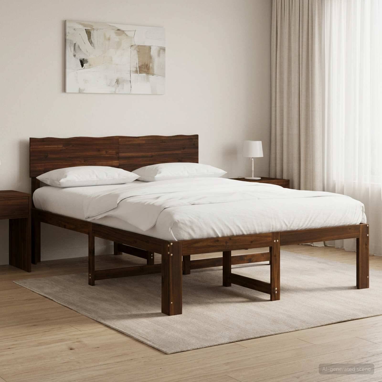Minimalistisches Schlafzimmer mit einem Holzbett, weißer Bettwäsche, Nachttischen, Lampe, abstrakter Wandkunst und weichen Vorhängen auf einem beigen Teppich.