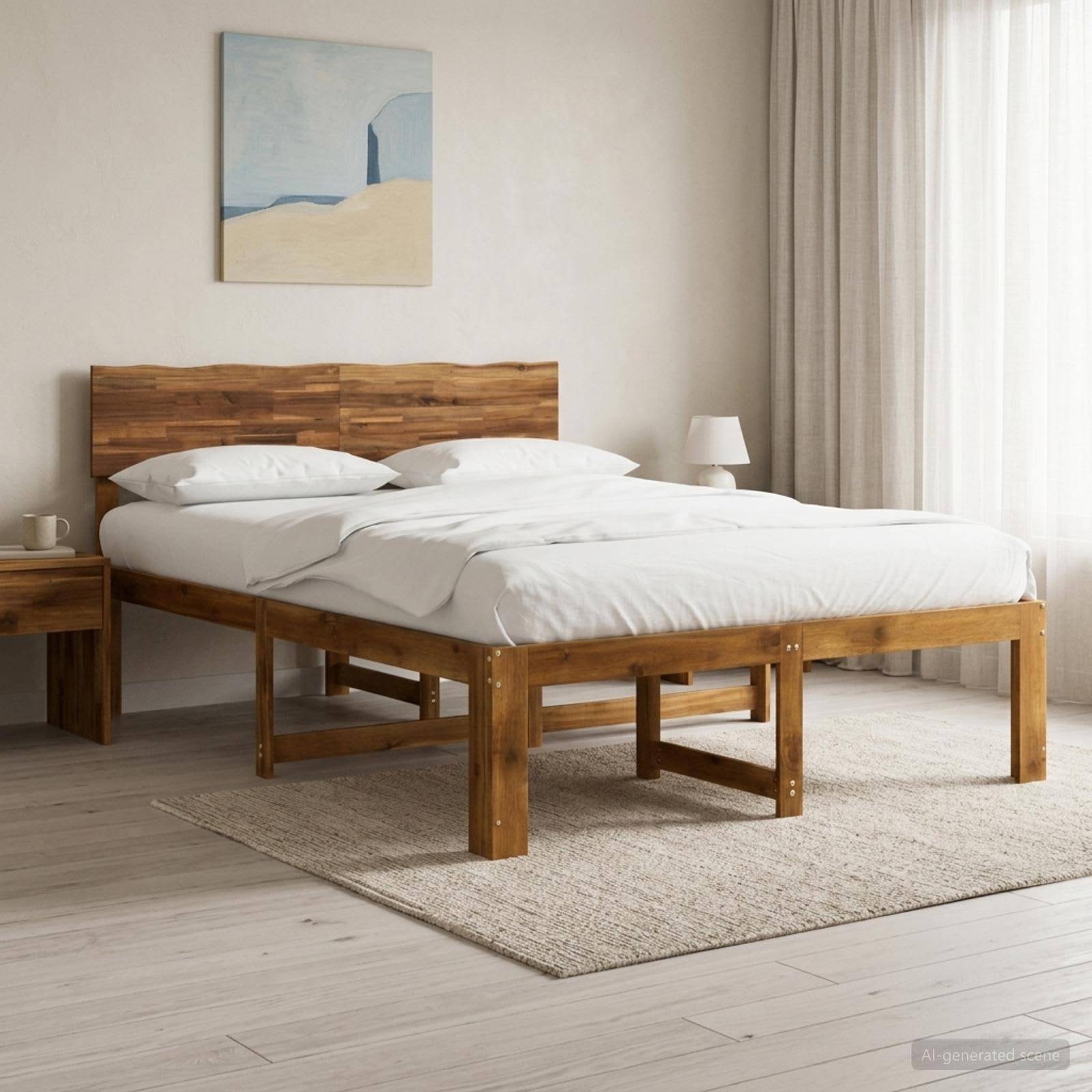 Minimales Schlafzimmer mit einem Holzbett, weißer Bettwäsche, Nachttisch, Lampe und Wandkunst neben durchscheinenden Vorhängen und einem Teppich.