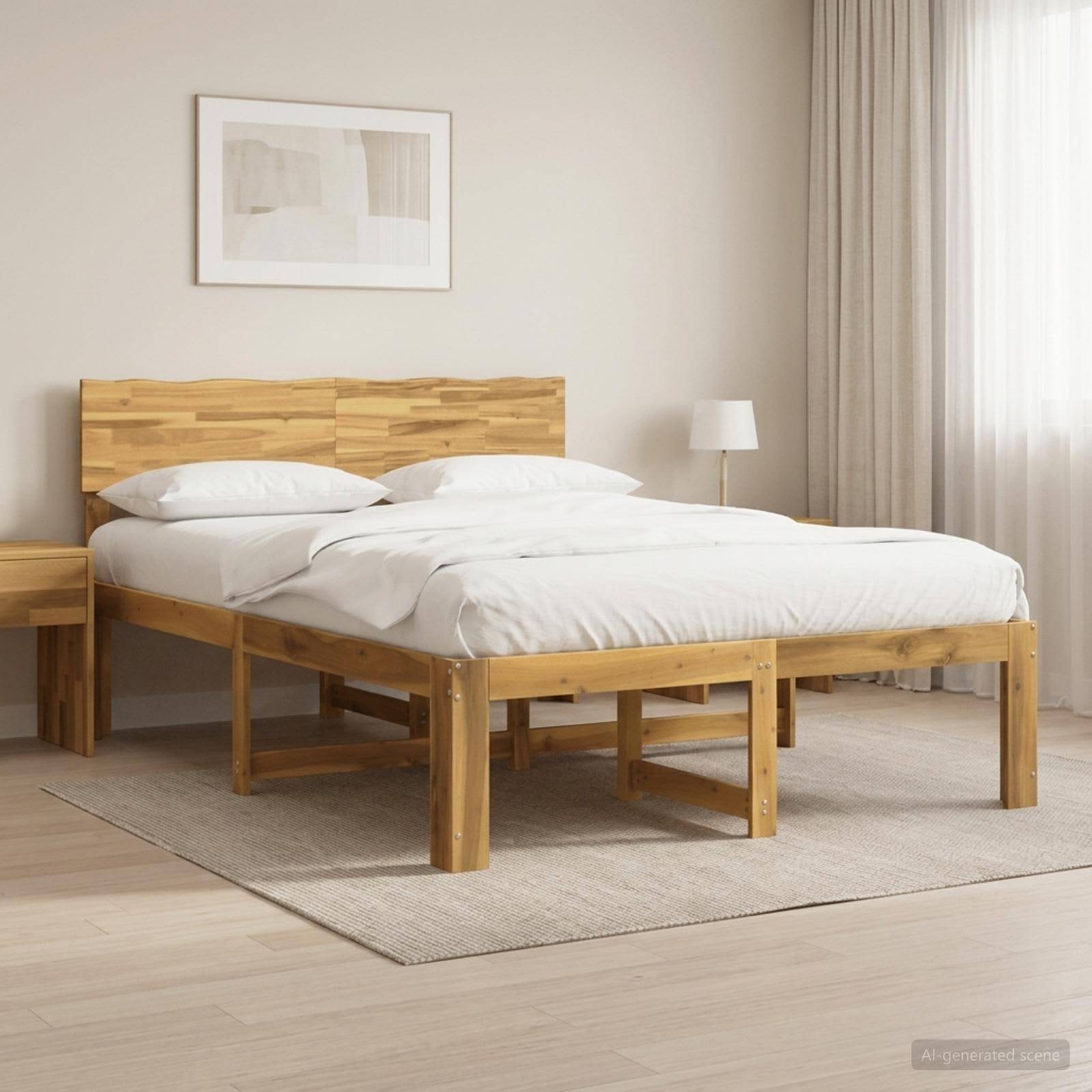 Ein ordentlich gemachtes Holzbett mit weißer Bettwäsche in einem minimalistischen Schlafzimmer, neben einem Nachttisch und einer Stehlampe, mit Vorhängen und gerahmter Wandkunst.