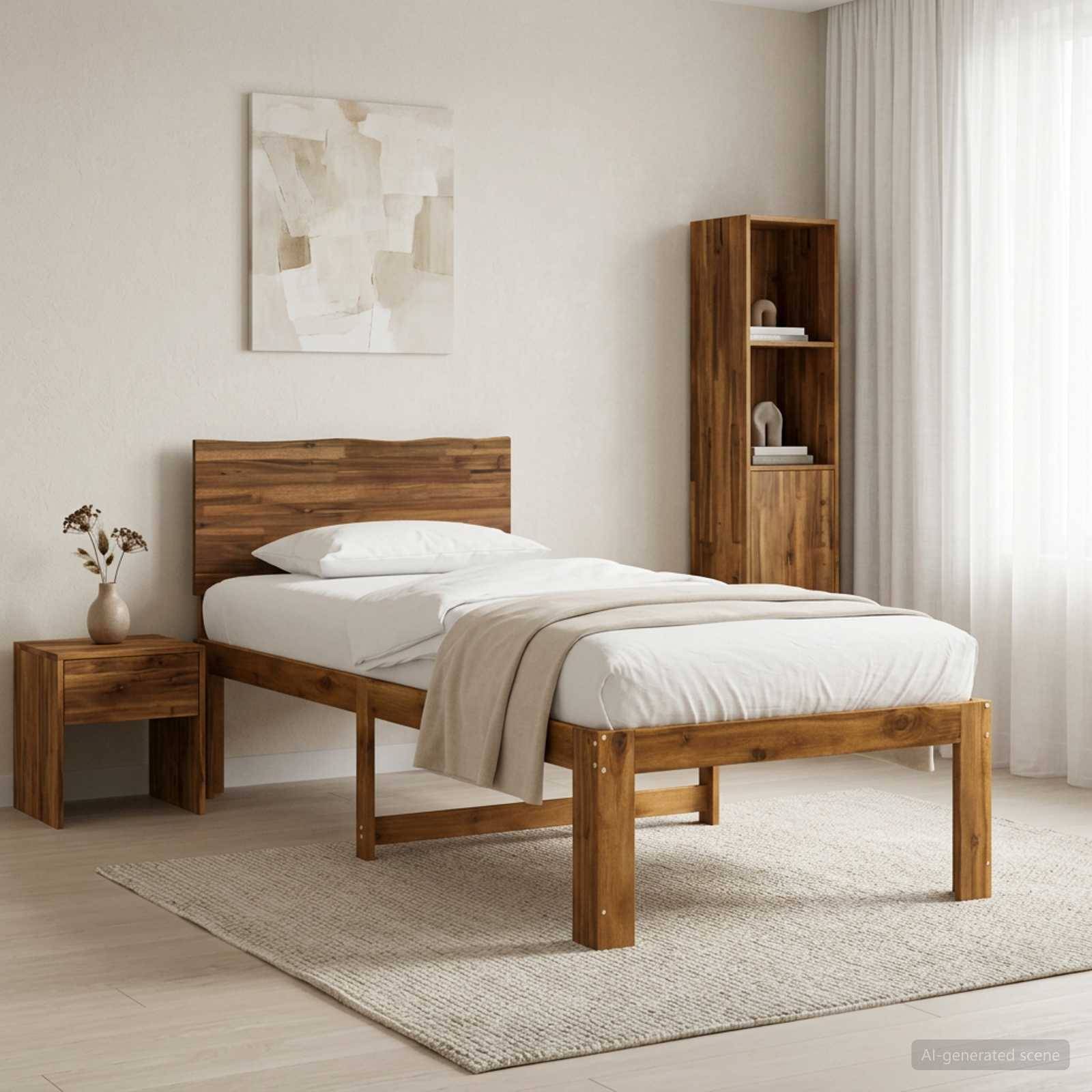 Minimalistisches Schlafzimmer mit einem Holzbett, weißer Bettwäsche, Nachttisch, Regalsystem, abstrakter Wandkunst und transparenten Vorhängen in sanftem Naturlicht.