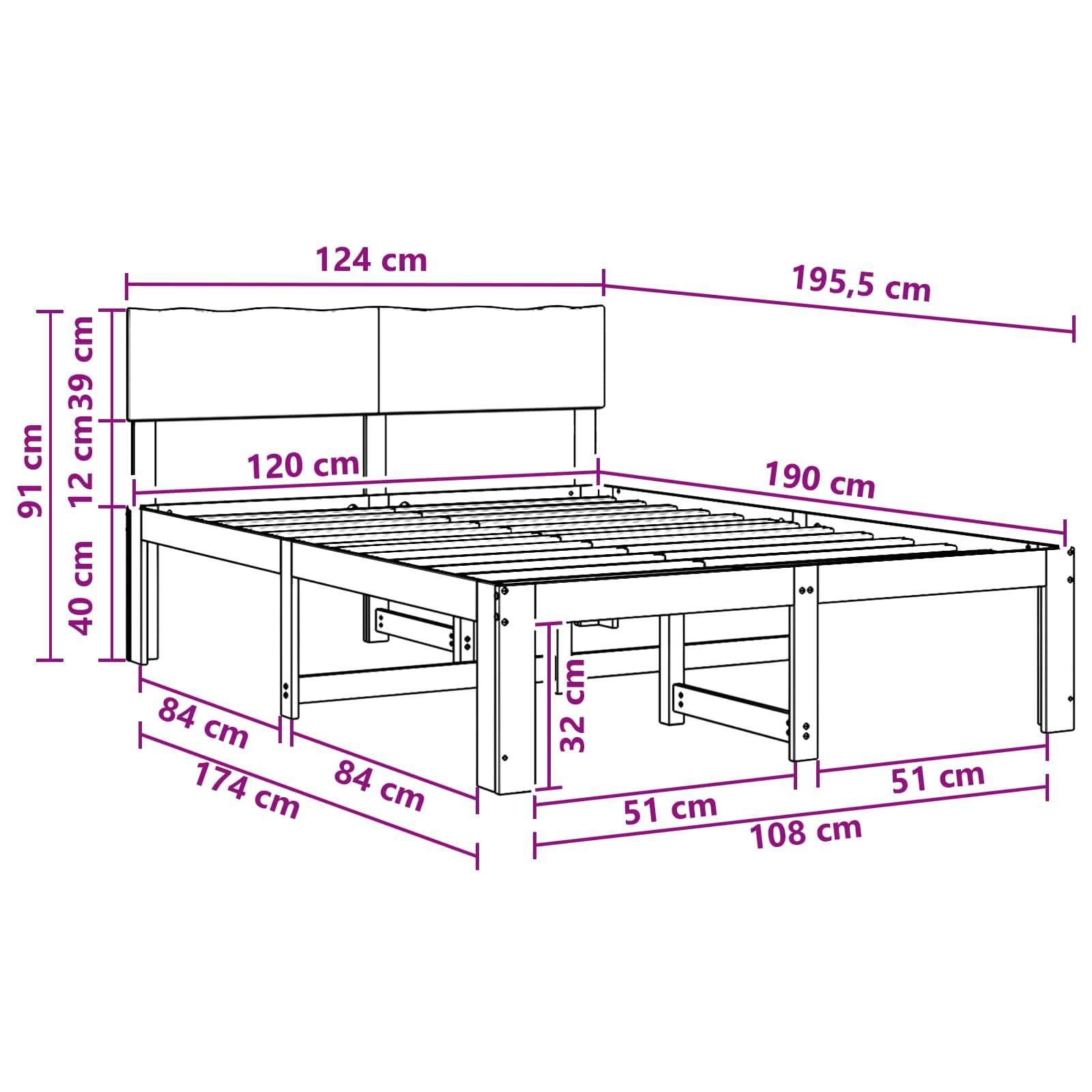 Maßstabgetreue Linienzeichnung eines Betts mit Kopfteil, das die Gesamtgröße von 195,5 cm Länge mal 124 cm Breite und wichtige Höhenmaße zeigt.
