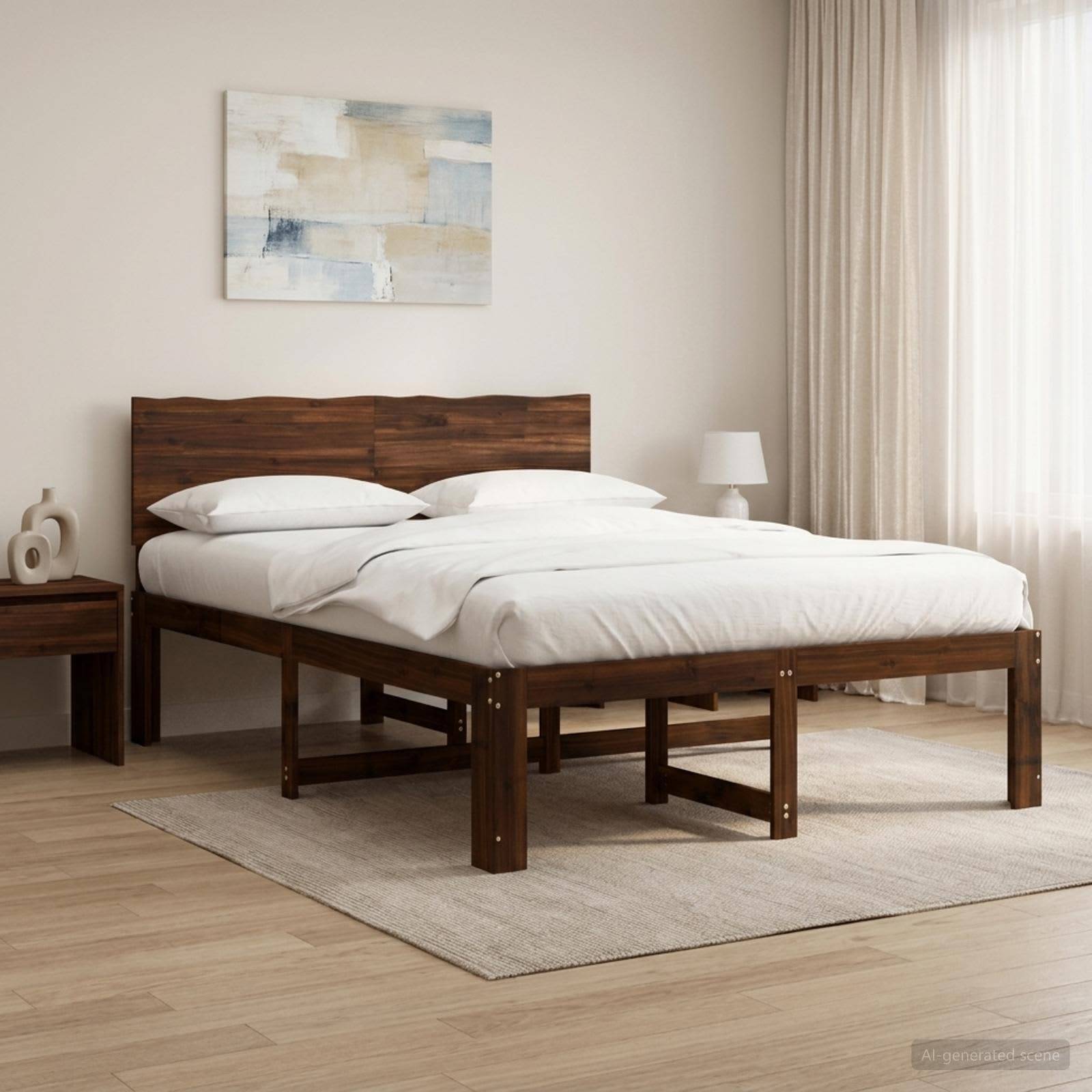 Minimales Schlafzimmer mit einem Holzbett, das mit weißer Bettwäsche bezogen ist, flankiert von einem Nachttisch und einer Lampe, mit Vorhängen und Wandkunst.
