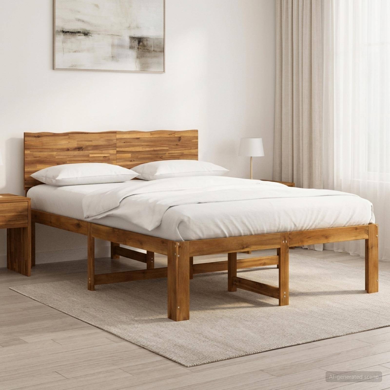 Modernes Schlafzimmer mit Holzbettrahmen, weißer Bettwäsche, Nachttisch, Lampe und transparenten Vorhängen auf einem neutralen Teppich.