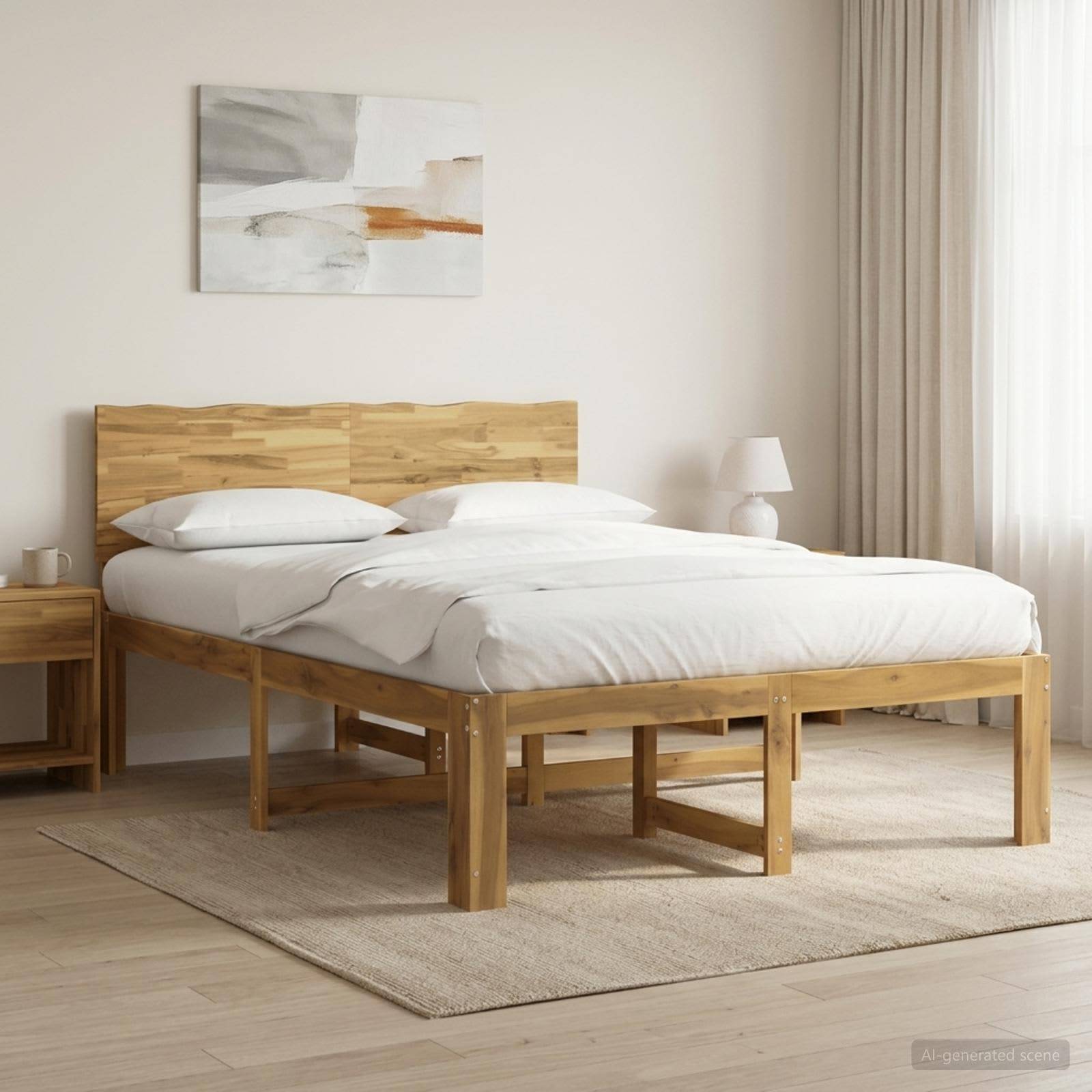Holzbett mit weißer Bettwäsche in einem minimalistischen Schlafzimmer, neben einem Nachttisch, einer Lampe und abstrakten Wandgemälden in der Nähe eines Fensters.