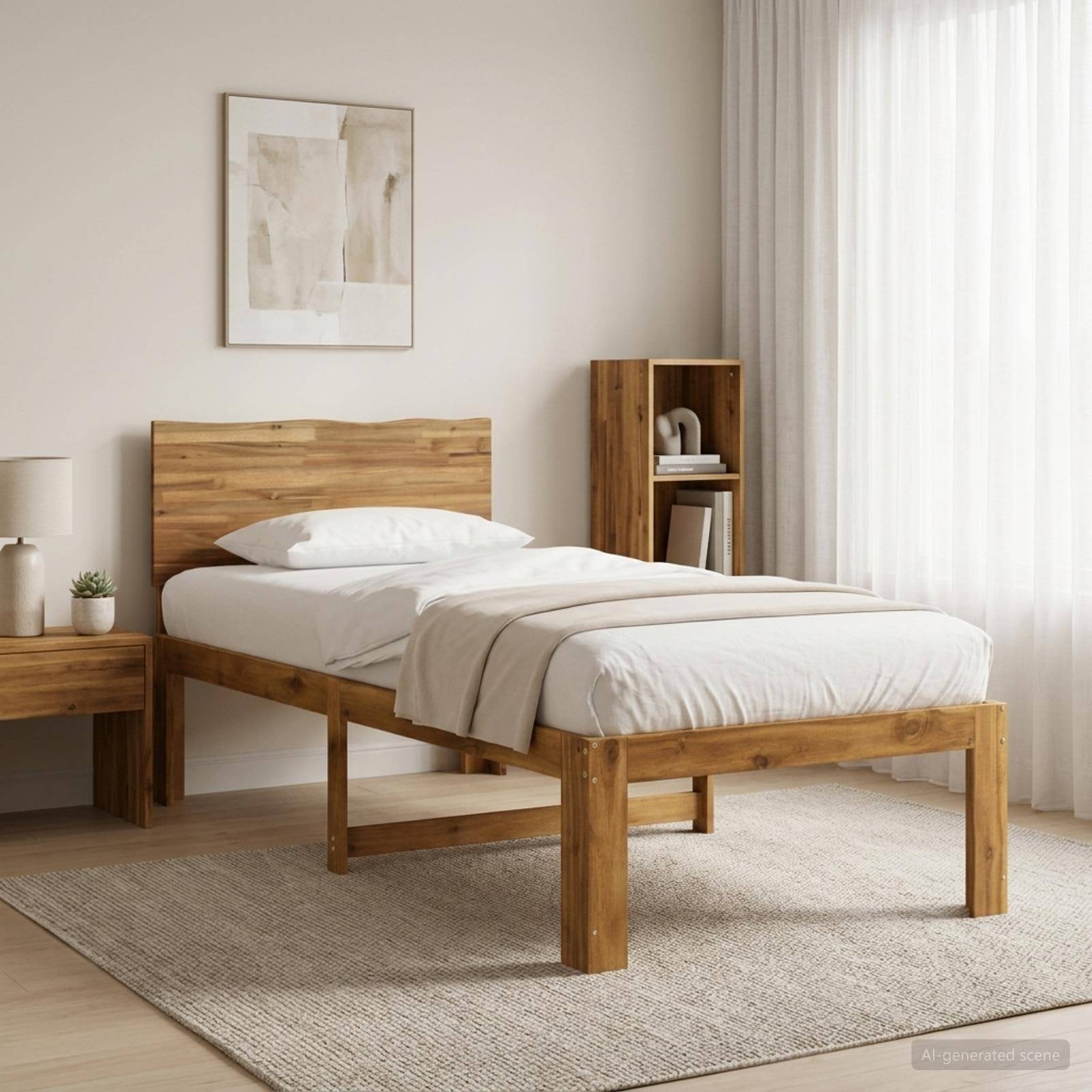 Minimales Schlafzimmer mit einem Holzbett, weißer Bettwäsche, Nachttisch, Regalsystem und transparenten Vorhängen in sanftem Naturlicht.