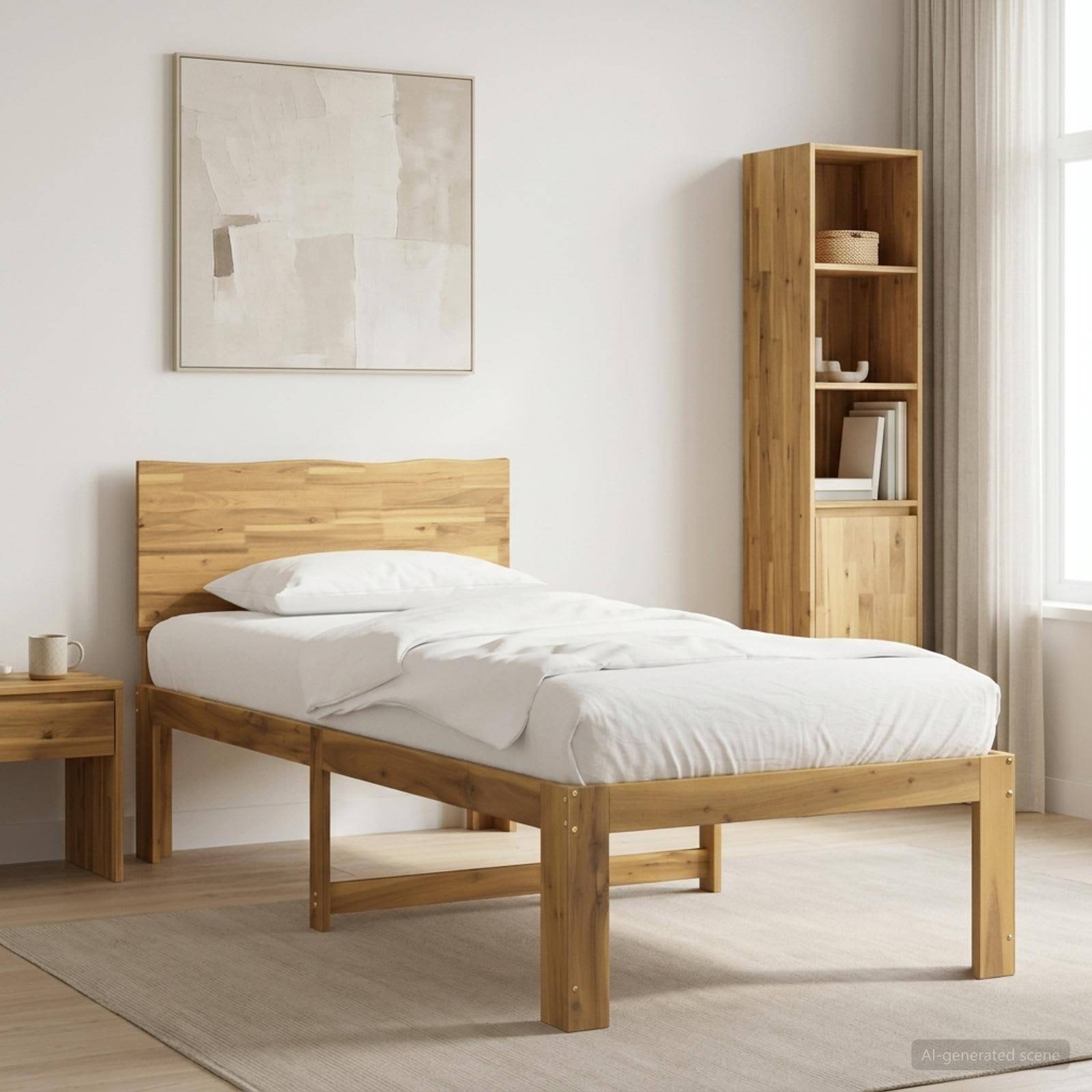 Minimales Schlafzimmer mit einem Holzbett, weißer Bettwäsche, Nachttisch, hohlem Regal, Wandkunst und Tageslicht von einem Fenster.