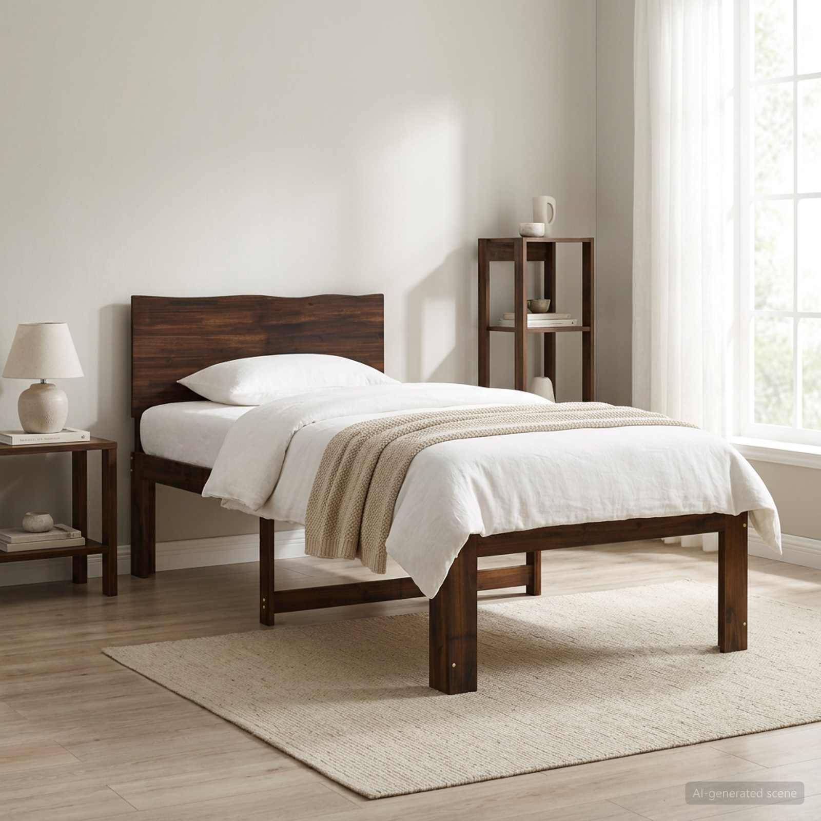 Minimales Schlafzimmer mit einem Holzbett, das in weißer Bettwäsche gedeckt ist, einer beigen Wurfdecke, Nachttischen und hellem Fensterlicht.
