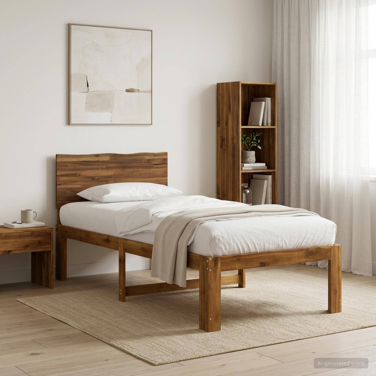 Minimalistisches Schlafzimmer mit einem Holzbett, weißer Bettwäsche, beigem Überwurf, Nachttisch, Bücherregal, gerahmtem Wandkunstwerk und transparenten Vorhängen.
