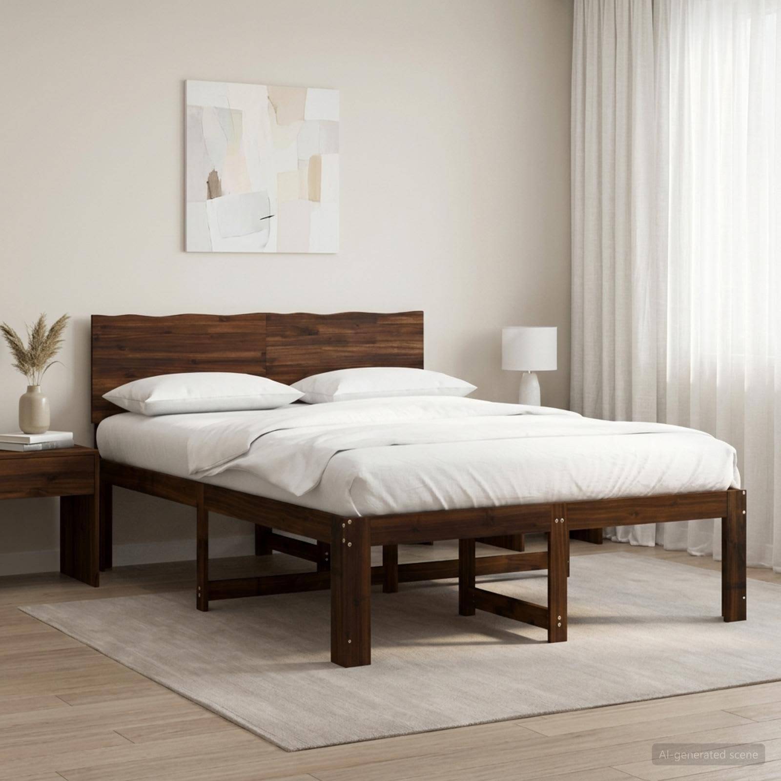 Modernes Schlafzimmer mit einem Walnuss-Plattformbett, das auf einem hellen Teppich zentriert ist, neben einem Nachttisch, einer Lampe und einem Fenster mit durchscheinenden Vorhängen.