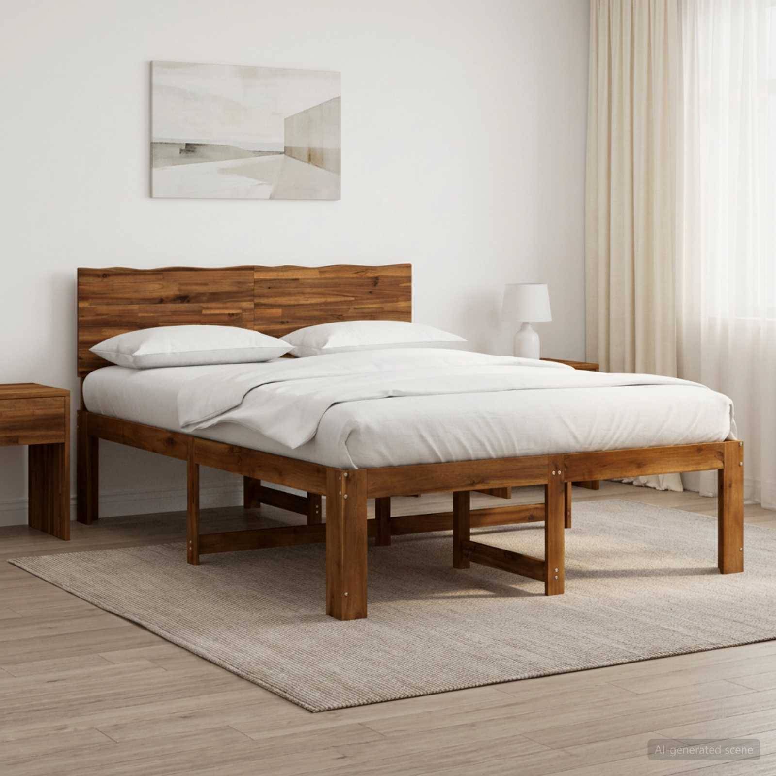 Ein Holzplattformbett mit weißer Bettwäsche in einem hellen minimalistischen Schlafzimmer, neben einem Nachttisch und durchsichtigen Vorhängen.