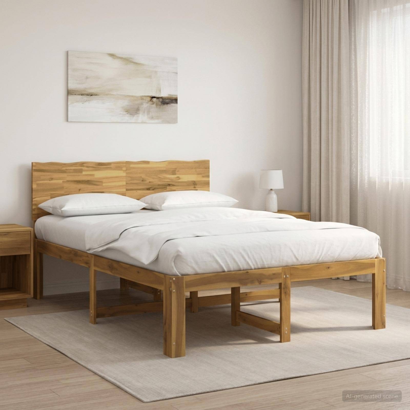 Minimalistisches Schlafzimmer mit einem Holzbett, das mit weißer Bettwäsche bezogen ist, einem Nachttisch, einer Lampe, abstrakter Wandkunst und durchsichtigen Vorhängen neben einem hellen Fenster.