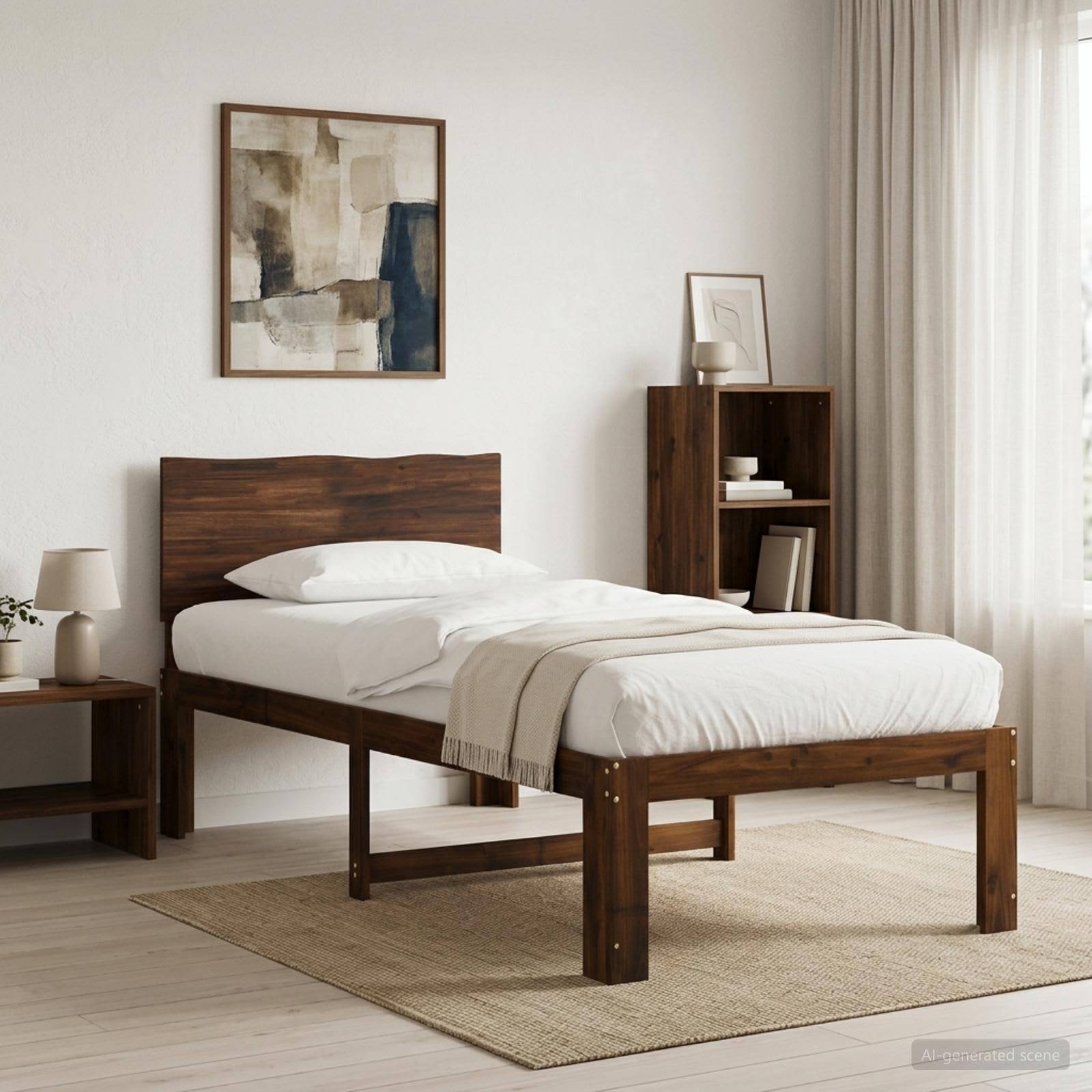 Minimalistisches Schlafzimmer mit einem Holzbett, weißer Bettwäsche, beigem Teppich, Nachttisch, Regal, Wandkunst und weichen Vorhängen neben einem Fenster.