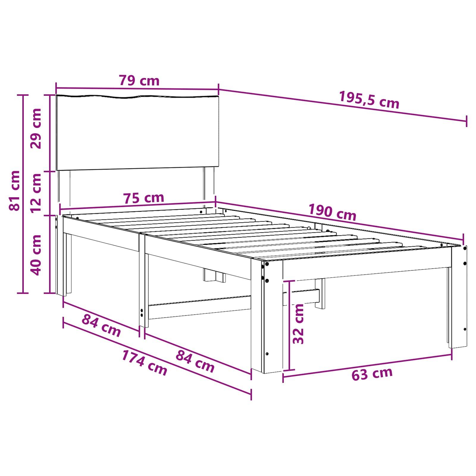 Technische Linienzeichnung eines Betts mit Kopfteil, mit Abmessungen in Zentimetern: 195,5 cm Länge, 84 cm Breite, 81 cm Kopfteillöhe, 40 cm Betthöhe und 190 cm Matratzenbereich.