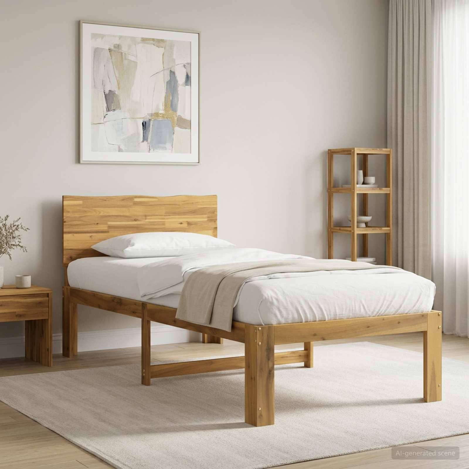 Minimalistisches Schlafzimmer mit einem Holzbett, weißer Bettwäsche, abstrakter Wandkunst, Nachttisch, Regaleinheit und leichten Vorhängen auf einem Teppich.