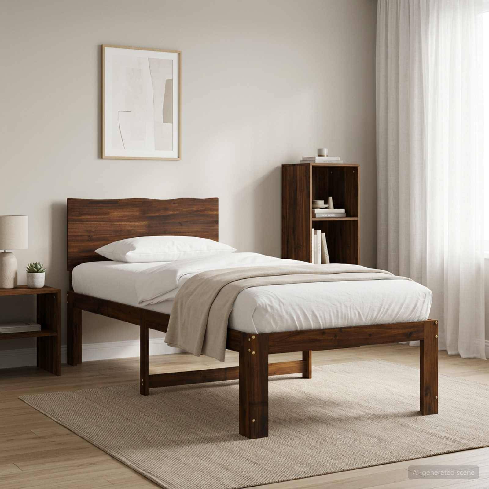 Minimales Schlafzimmer mit einem Holzbett, weißer Bettwäsche, beigem Plaid, Nachttisch, Bücherregal, Teppich und transparenten Vorhängen in einem hellen, neutralen Raum.