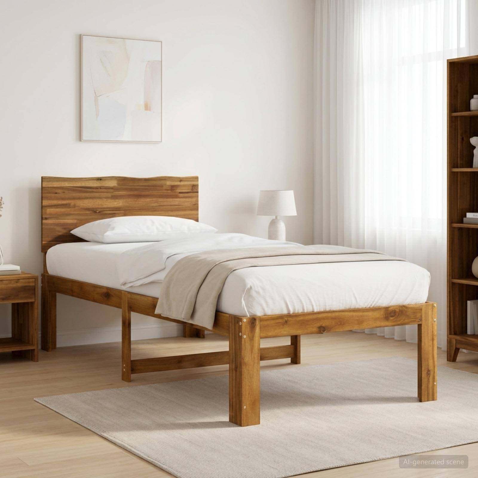 Minimalistisches Schlafzimmer mit einem Holzbett, das mit weißer Bettwäsche, einer beigen Wurfdecke und einem Teppich ausgestattet ist, neben einer Lampe und Regalen neben einem hellen Fenster.