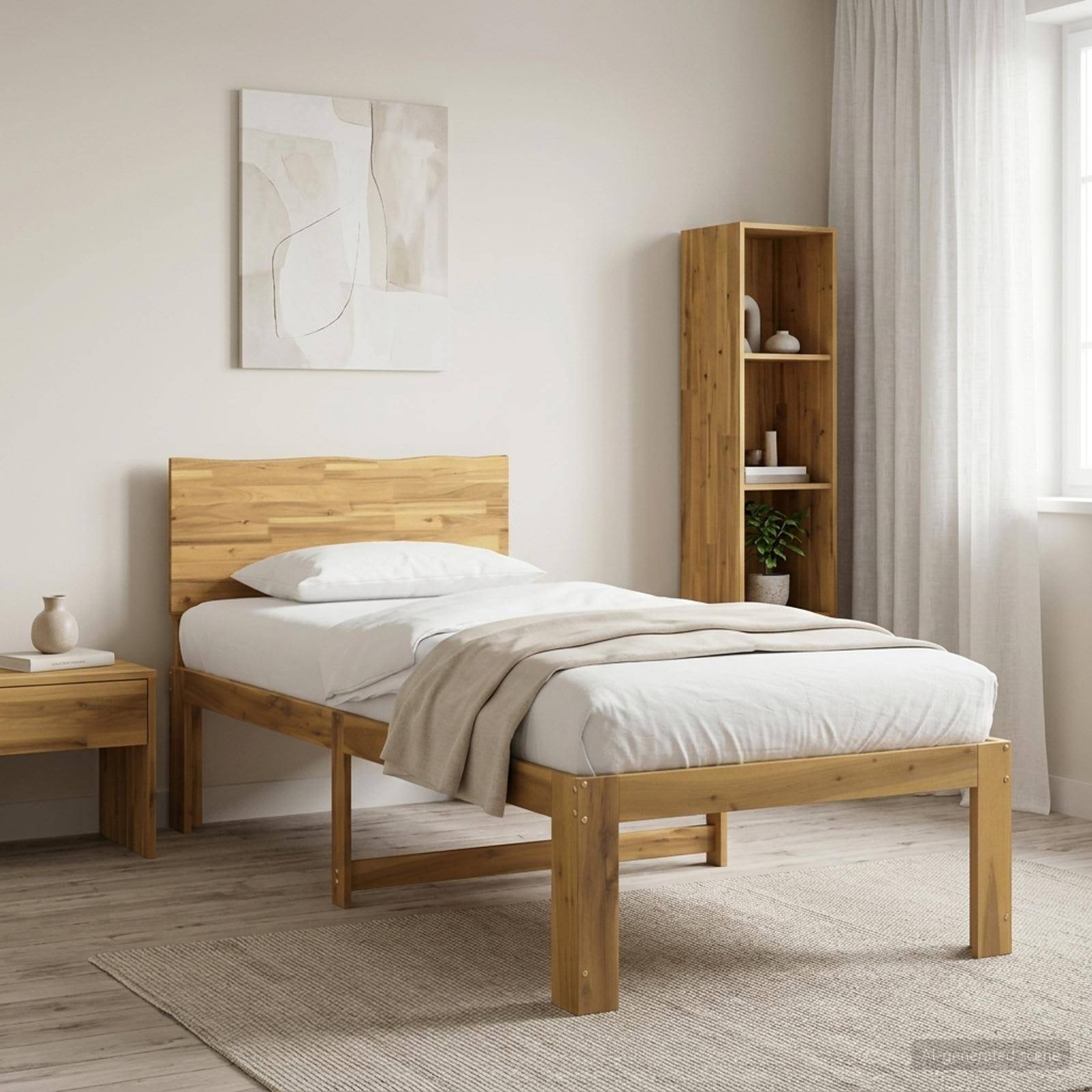 Minimalistisches Schlafzimmer mit einem Holzbett, weißer Bettwäsche, einem Nachttisch, einem Regalsystem und sanftem Naturlicht von einem Fenster.