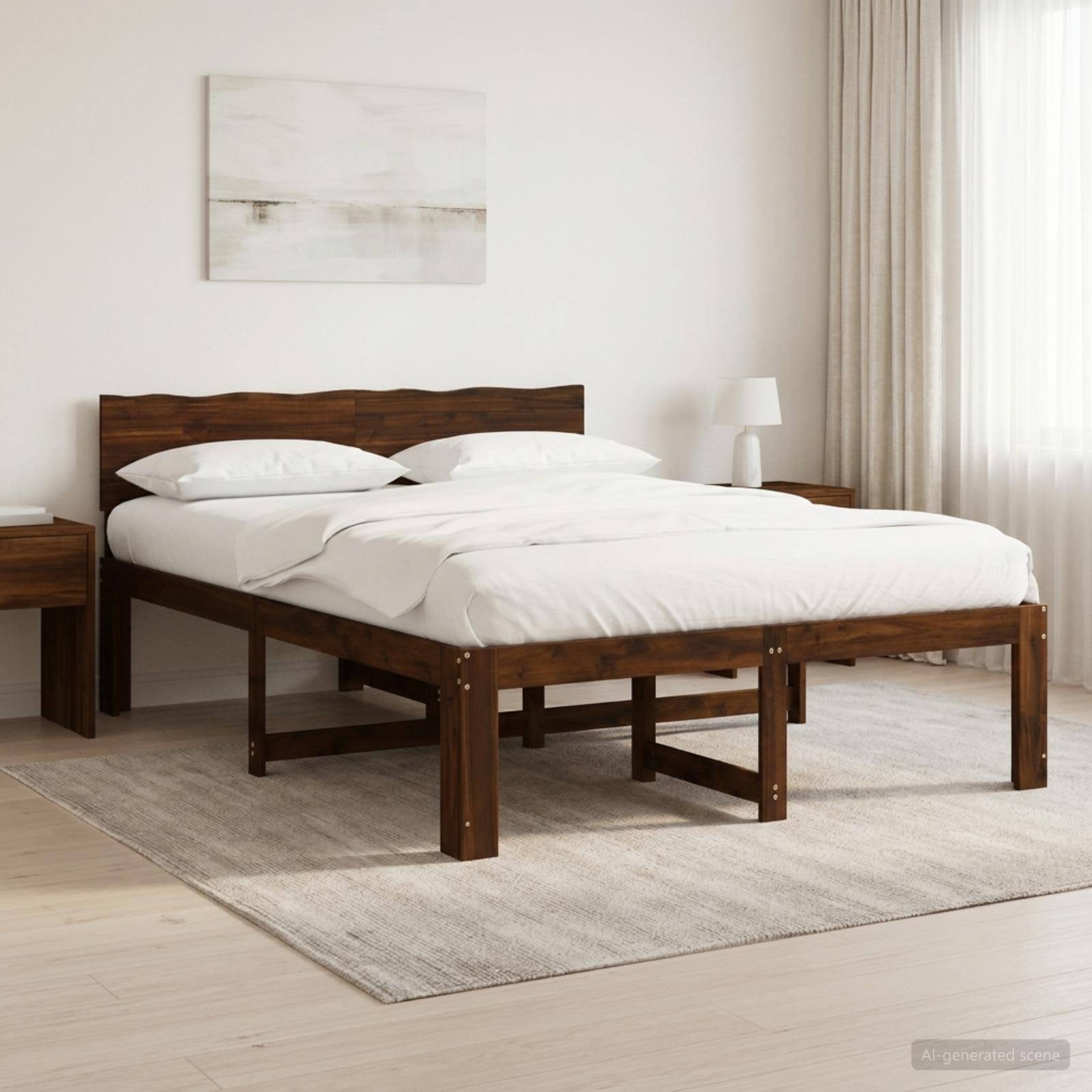 Minimales Schlafzimmer mit einem Holzbett, das mit weißen Betttüchern bezogen ist, flankiert von kleinen Nachttischen, neben einem Fenster mit Vorhängen und einem hellen Teppich.