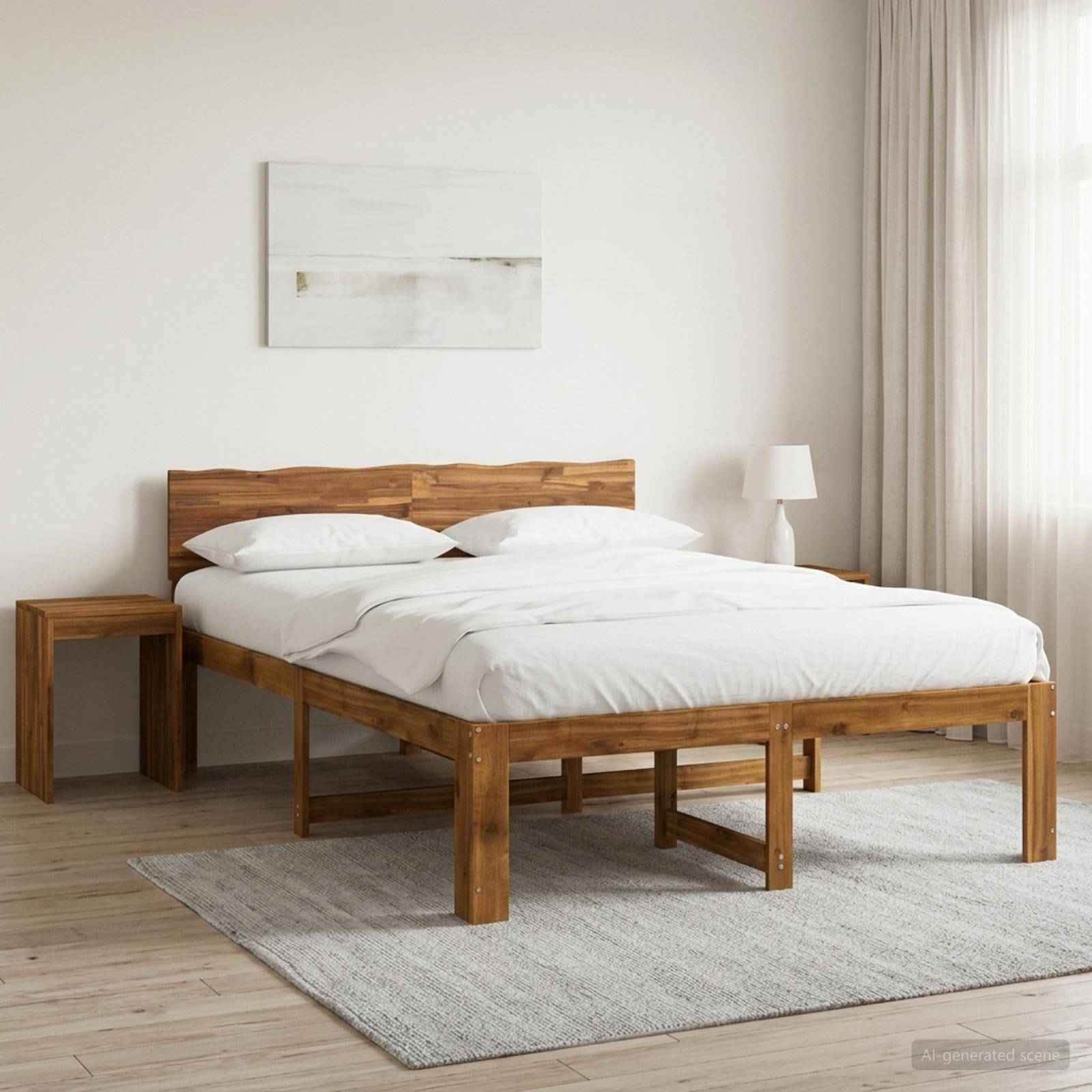 Minimales Schlafzimmer mit einem Holzbett, weißer Bettwäsche, Nachttisch, Lampe, Teppich und transparenten Vorhängen in einem hellen, neutralen Raum.