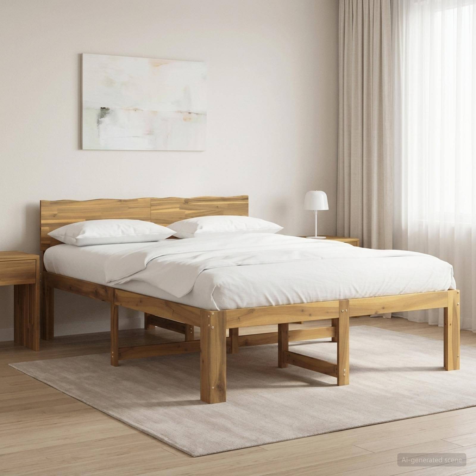 Minimales Schlafzimmer mit einem Holzbett, weißer Bettwäsche, Nachttisch, Lampe und transparenten Vorhängen neben einem hellen Fenster.