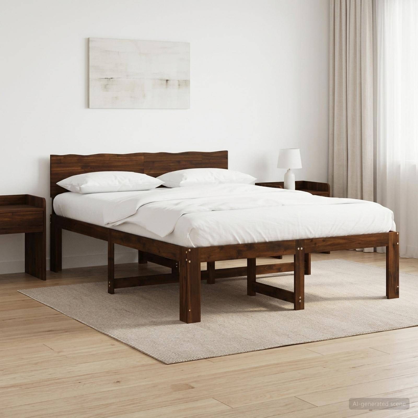 Minimales Schlafzimmer mit einem Holzbett, weißer Bettwäsche, Nachttischen und einer Lampe auf einem neutralen Teppich neben einem hellen Fenster.
