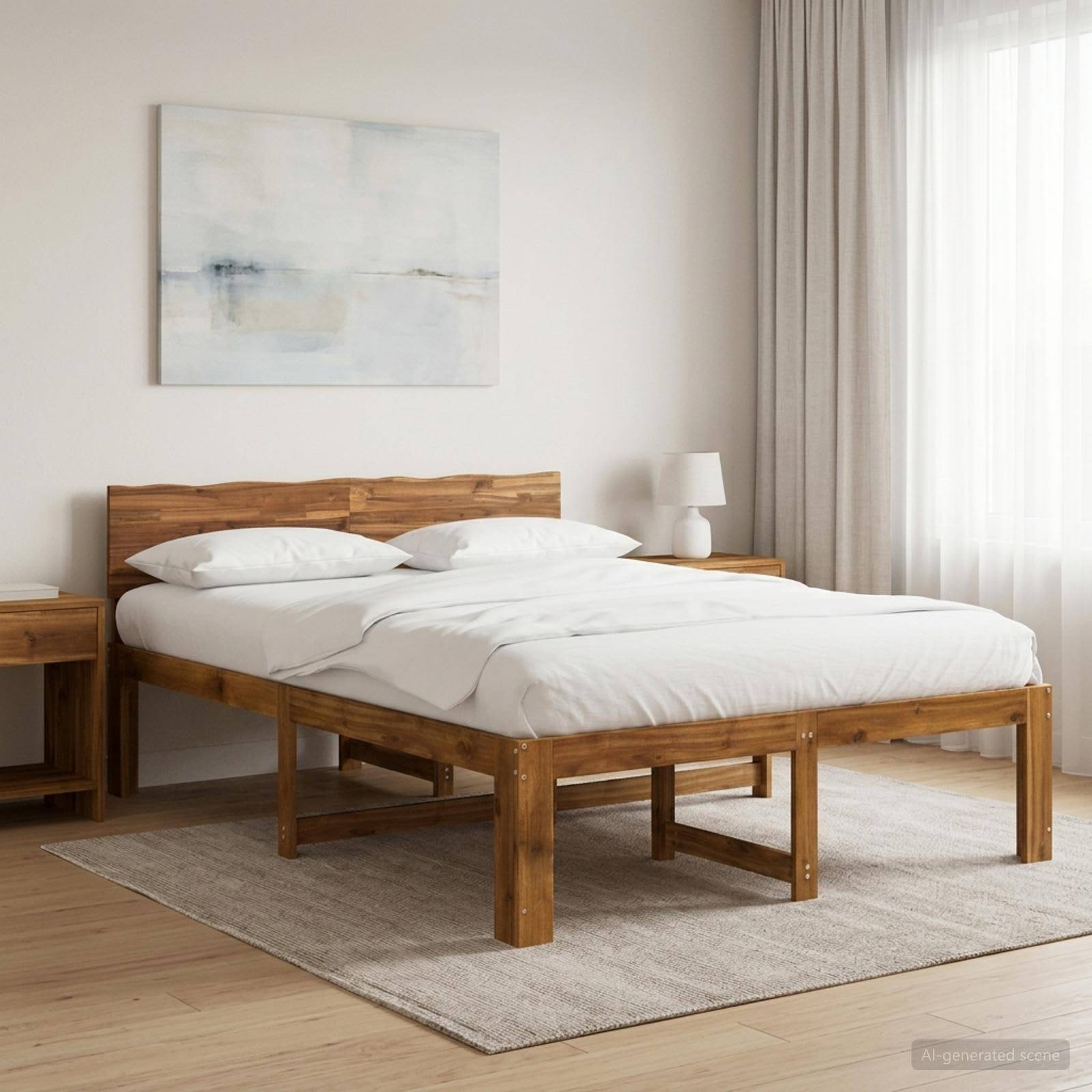 Minimalistisches Schlafzimmer mit einem Holzbett, das mit weißer Bettwäsche bezogen ist, einem Nachttisch und einer Lampe, abstrakter Wandkunst und durchscheinenden Vorhängen.