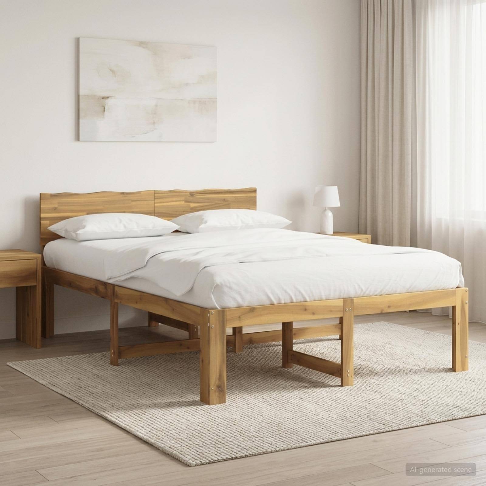 Minimalistisches Schlafzimmer mit einem Holzplattformbett, das mit weißer Bettwäsche bezogen ist, neben einem kleinen Nachttisch und einer Lampe in der Nähe eines Fensters mit Vorhängen.