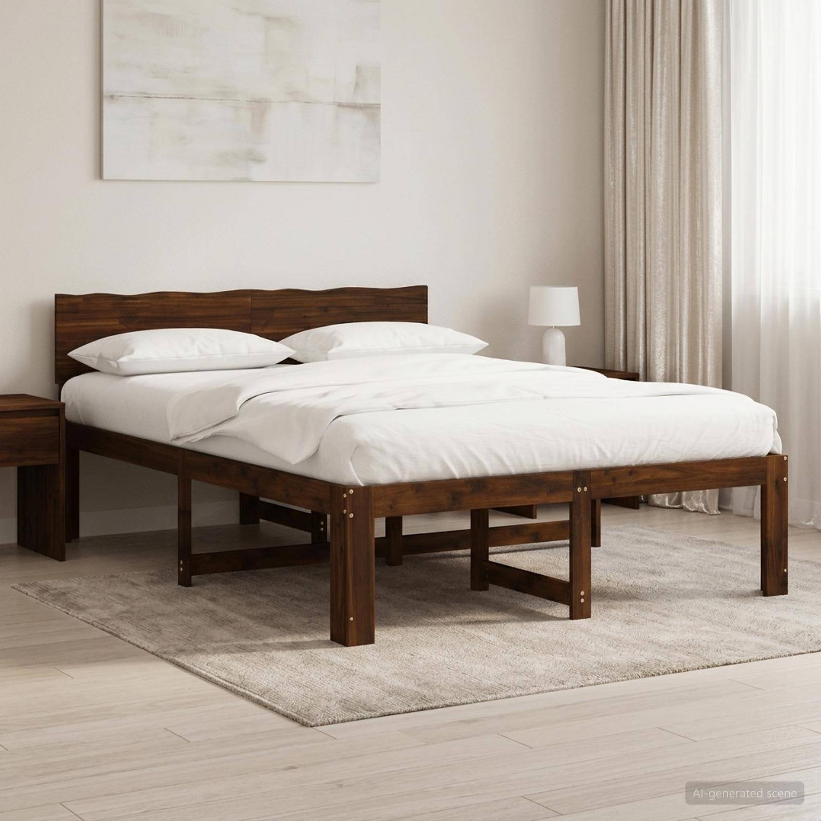 Ein modernes Holzbett mit weißer Bettwäsche in einem hellen, minimalistischen Schlafzimmer neben Vorhängen und einer Nachttischlampe.