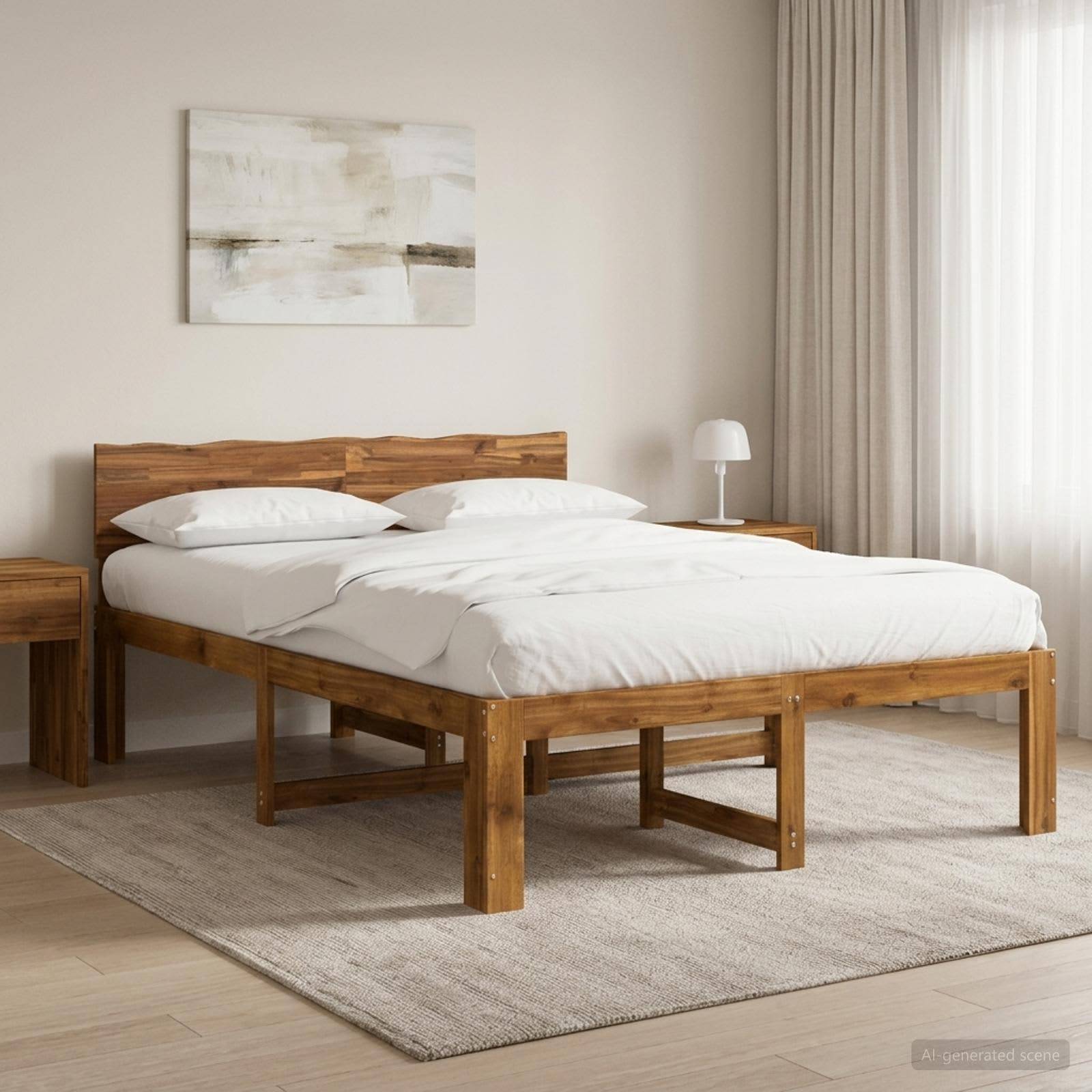 Ein ordentlich gemachtes Holzbett mit weißer Bettwäsche in einem minimalistischen Schlafzimmer, neben einem kleinen Nachttisch und einer Lampe, mit Vorhängen und Wandkunst.