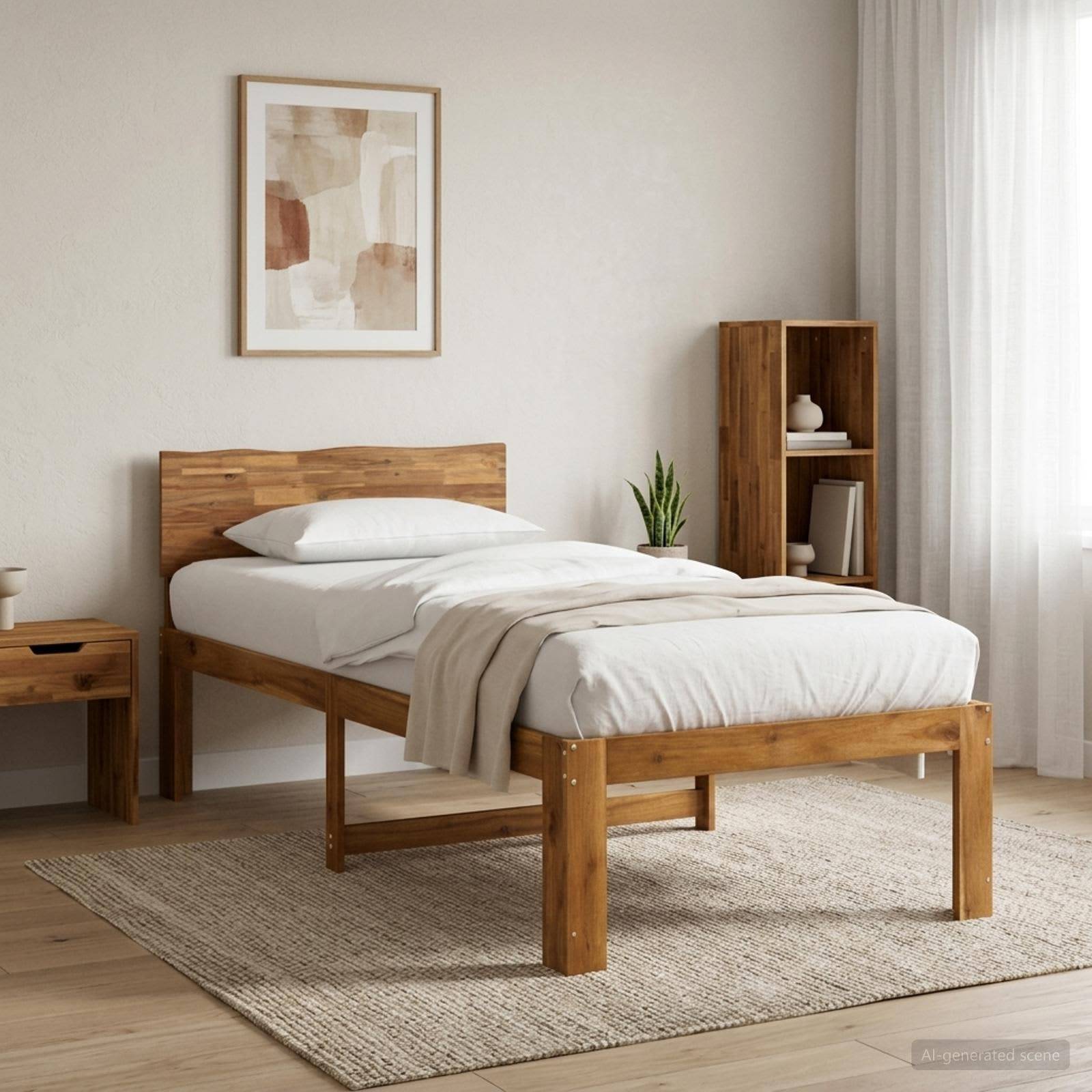 Minimalistisches Schlafzimmer mit einem Holzbett, weißer Bettwäsche, Teppich, Nachttisch, Bücherregal, Pflanze und gerahmter Wandkunst neben einem hellen Fenster.