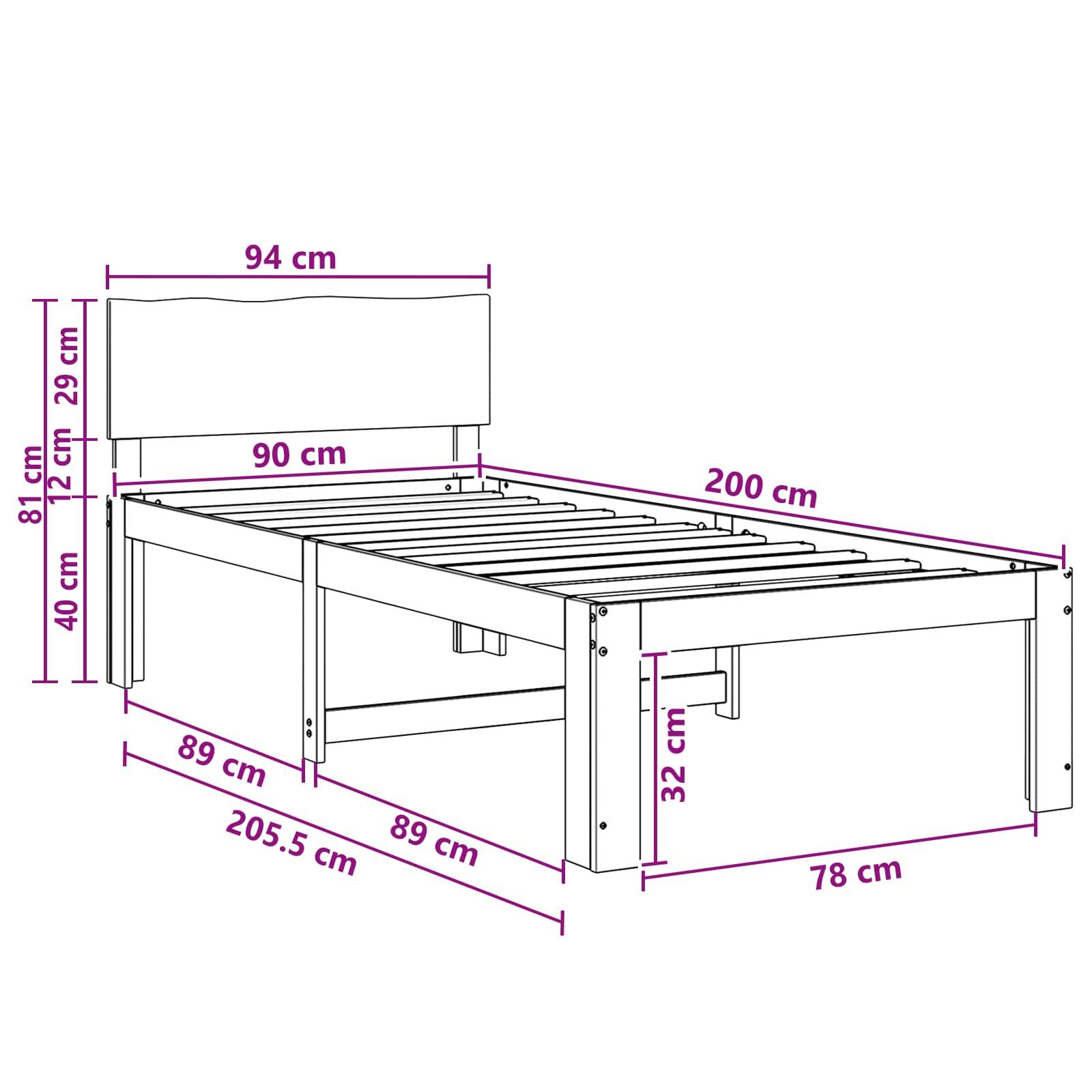 Maßzeichnung eines Einzelbetts mit Kopfteil: 205,5 cm lang, 94 cm breit, 81 cm hoch; Liegefläche 90 x 200 cm.