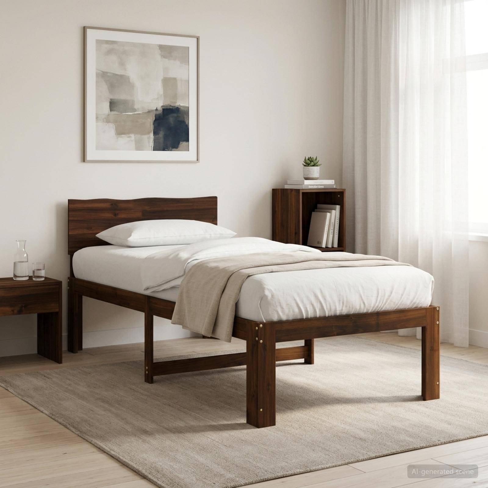 Minimalistisches Schlafzimmer mit einem einzelnen Holzbett, weißer Bettwäsche, Nachttisch, Wandkunst, Teppich und sanftem Tageslicht durch durchscheinende Vorhänge.