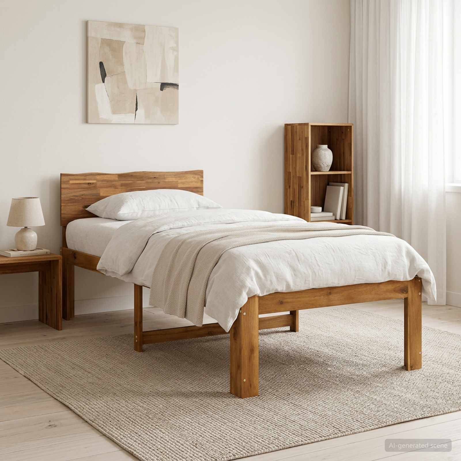 Minimalistisches Schlafzimmer mit einem Holzbett, das mit weißer Bettwäsche bezogen ist, einer Nachttischlampe, Wandkunst und einem kleinen Regal neben einem hellen Fenster.