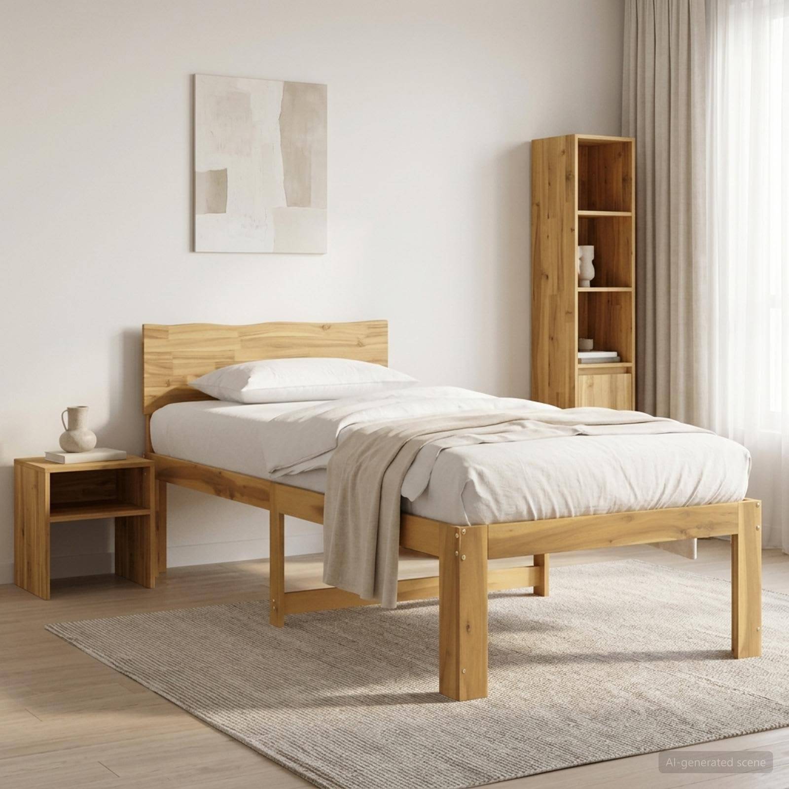 Minimales Schlafzimmer aus Holz mit einem Einzelbett, Nachttisch, Regaleinheit, Teppich und transparenten Vorhängen in einem hellen, neutralen Raum.