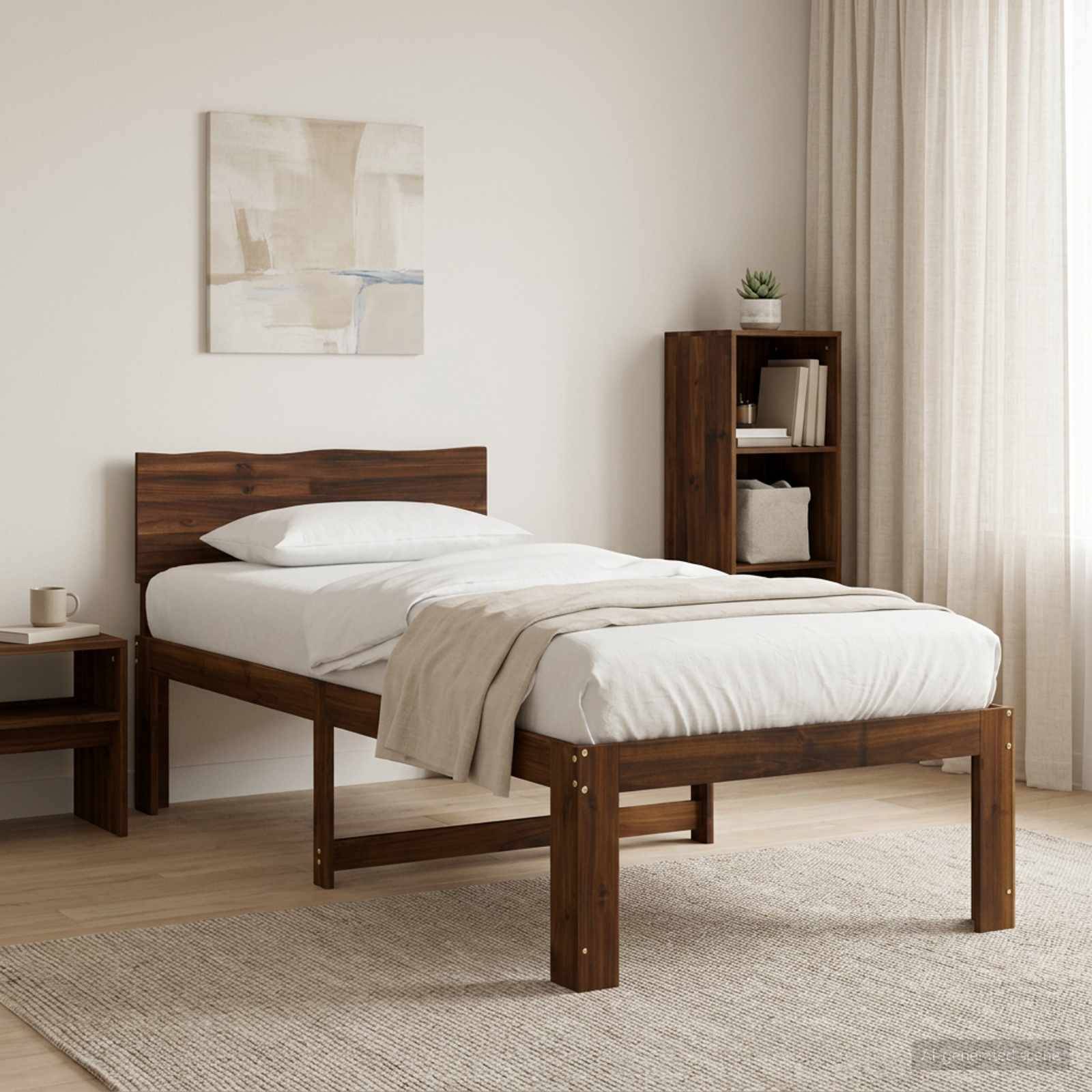 Minimales Schlafzimmer mit einem Holzbett, weißer Bettwäsche, Nachttisch, Regal, Teppich und transparenten Vorhängen.