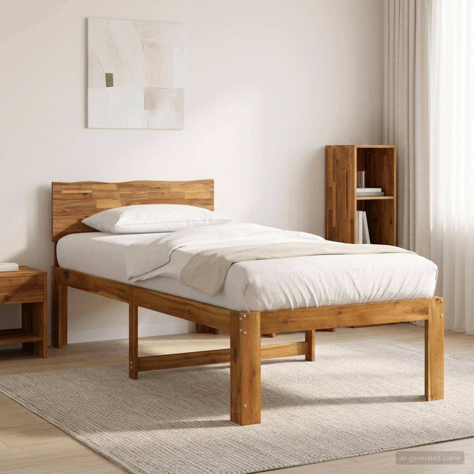 Minimalistisches Schlafzimmer mit einem hölzernen Einzelbett, das mit weißer Bettwäsche bezogen ist, einem Nachttisch, einem kleinen Regal, einem Teppich und durchsichtigen Vorhängen an einem hellen Fenster.