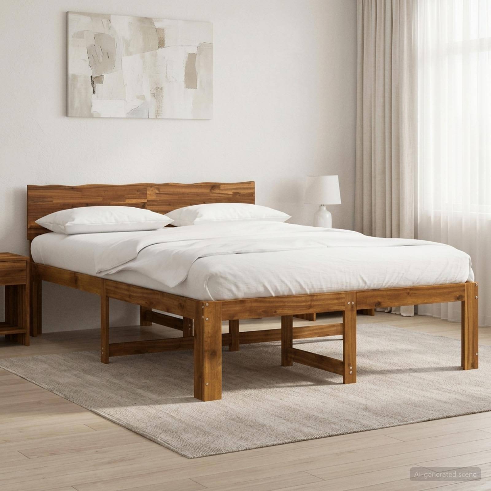 Minimalistisches Schlafzimmer mit einem hölzernen Bett, das mit weißer Bettwäsche bezogen ist, neben einem kleinen Nachttisch und einer Lampe, beleuchtet durch weiches Tageslicht von einem Fenster mit Vorhängen.