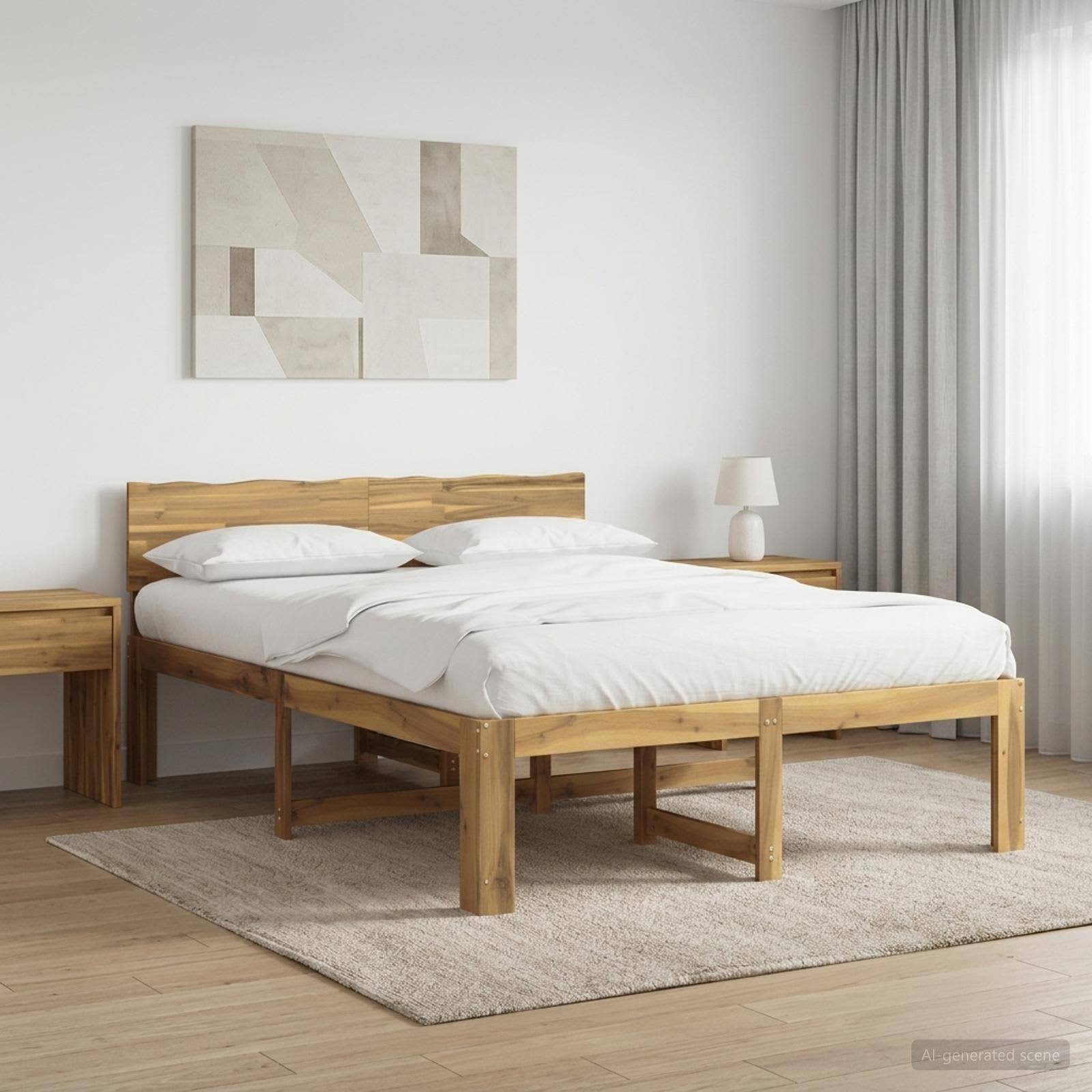 Minimales Schlafzimmer mit einem hölzernen Doppelbett, bezogen mit weißer Bettwäsche, passenden Nachttischen, abstrakter Wandkunst und weichen Vorhängen.